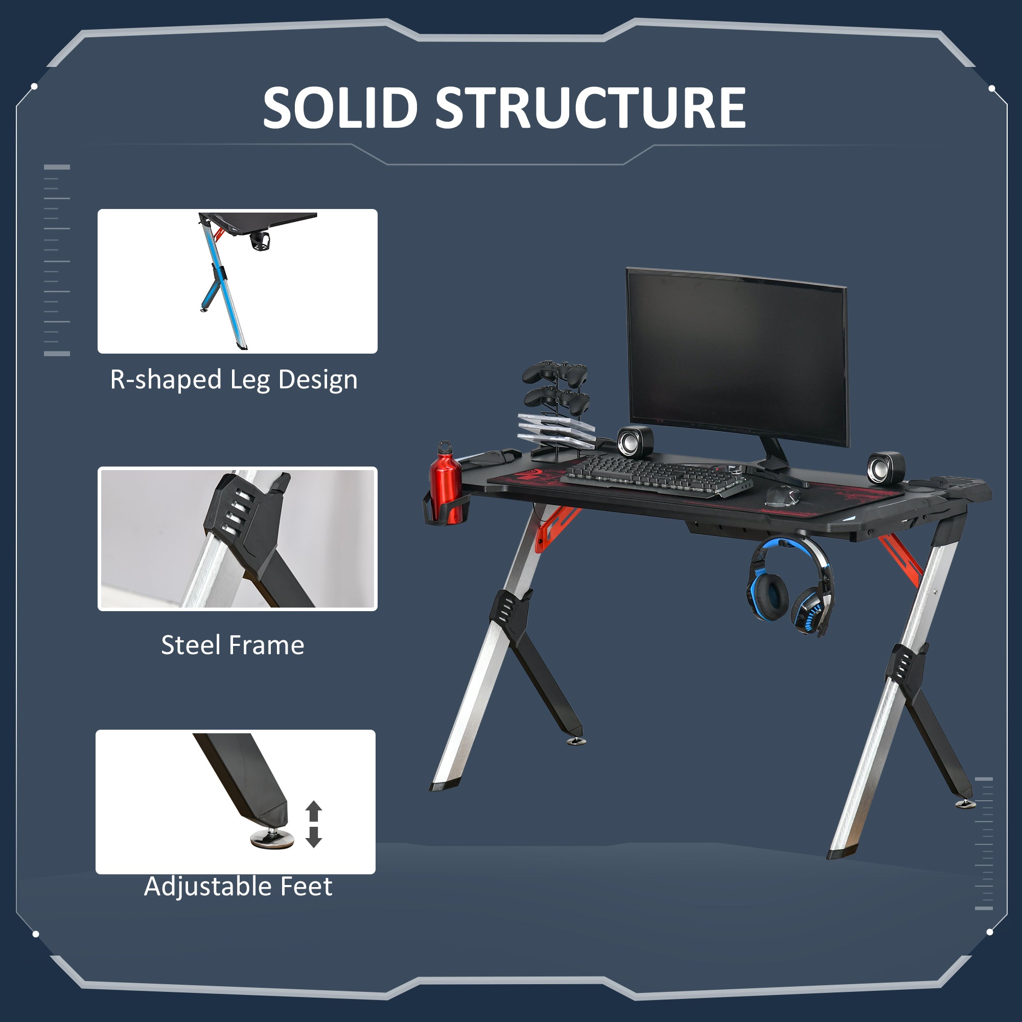 Gaming Desk with LED Lights, 120 x 60cm Computer Desk, Gaming Table with Carbon Fibre Tabletop, Cup Holder, Headphone Hook, Cable Management, Black