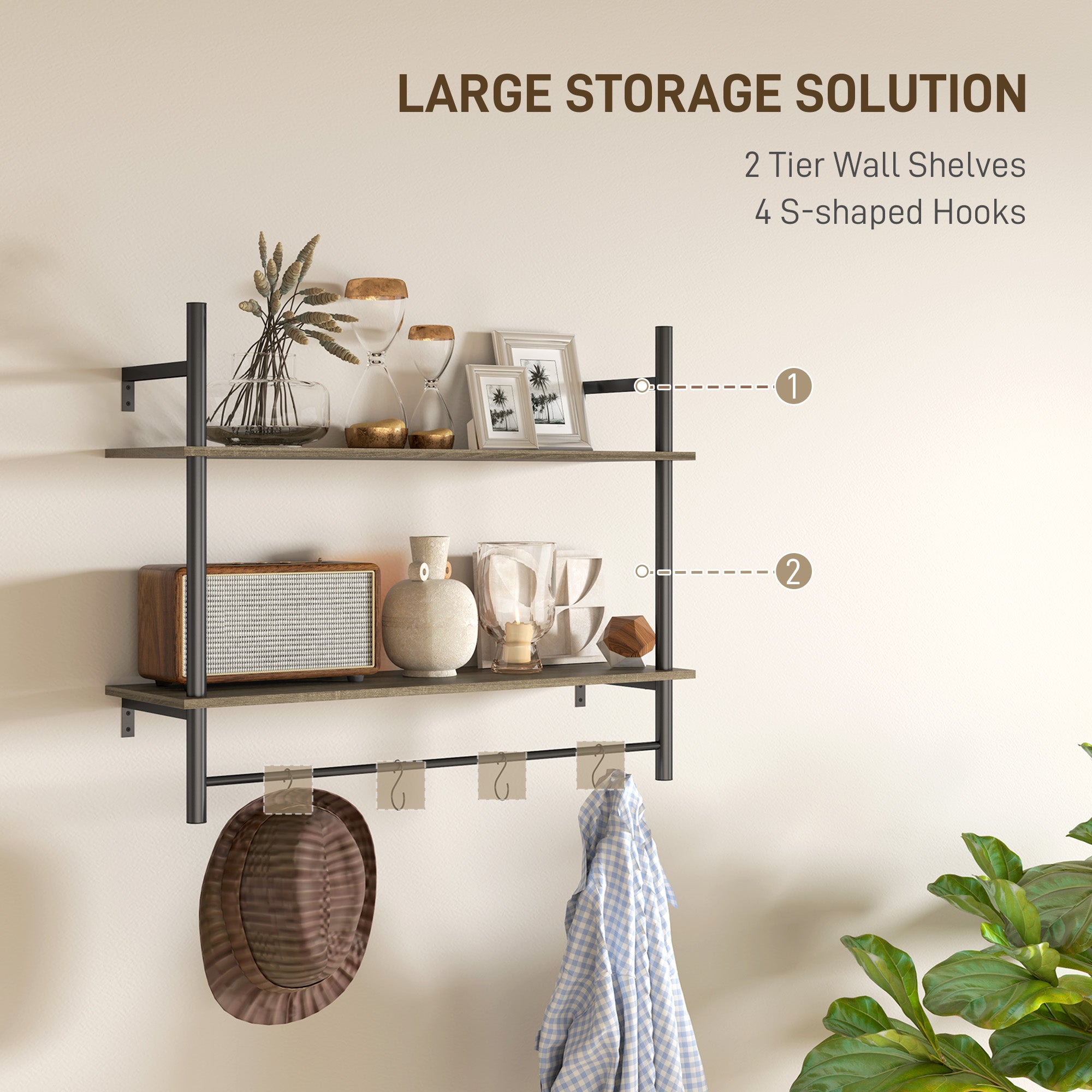 Wall Mounted Floating Shelves with 4 Hooks, Rustic Wall Shelf Unit for Living Room, Entryway, Grey
