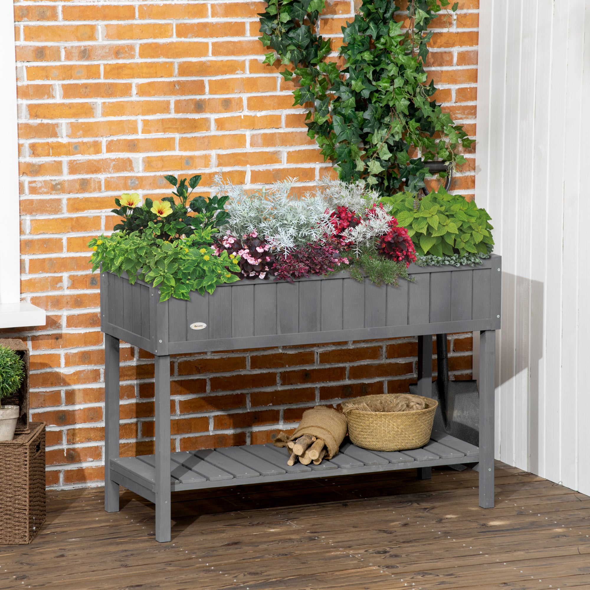 Fir Wood Raised Rectangular 8 Compartment Plant Stand Dark Grey