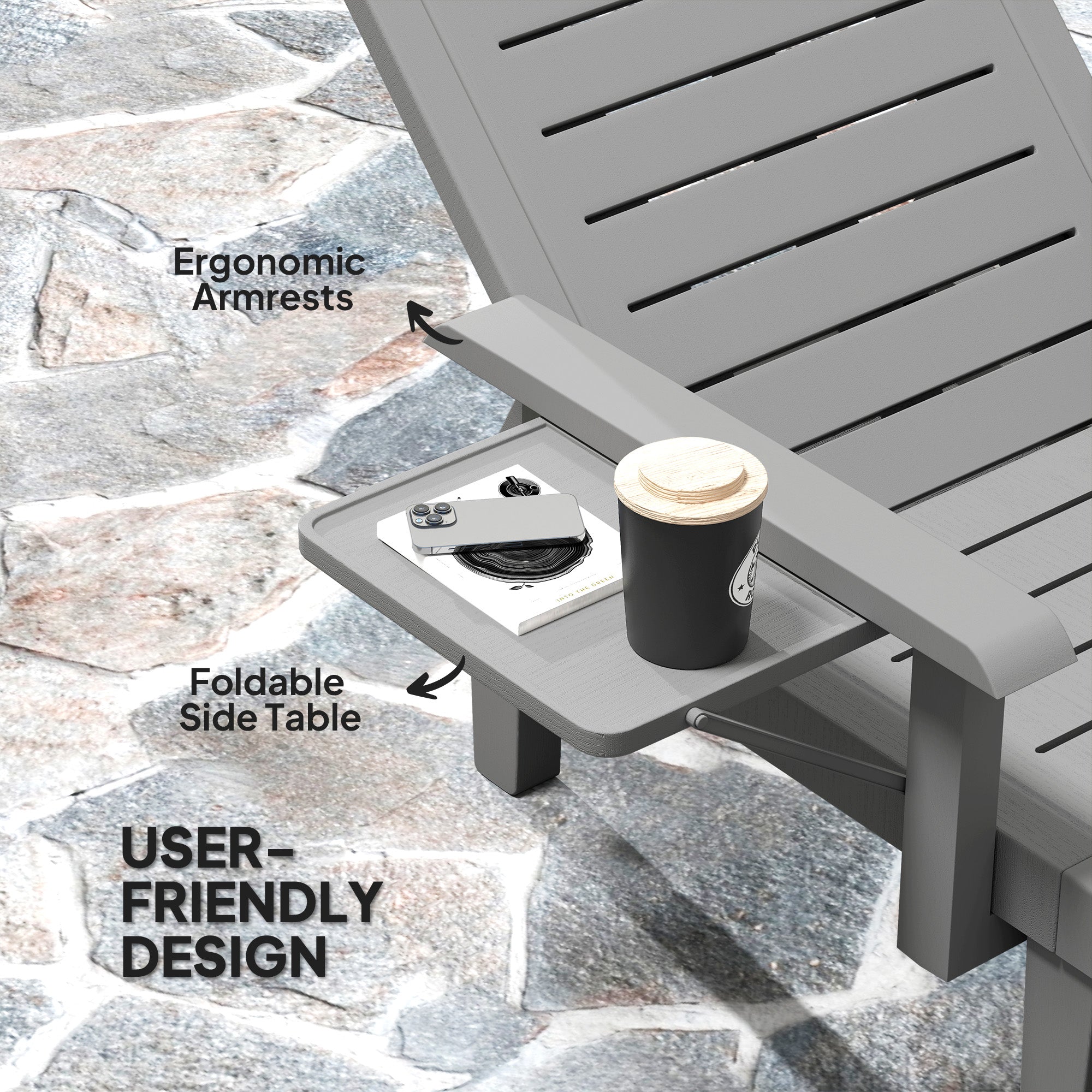 Set of 2 Resin Reclining Sun Loungers for Garden, 5 Positions Adjustable Outdoor Chaise Lounge Chairs with Wood Texture Surface, Armrests, Foldable Side Table for Garden, Beach, Dark Grey