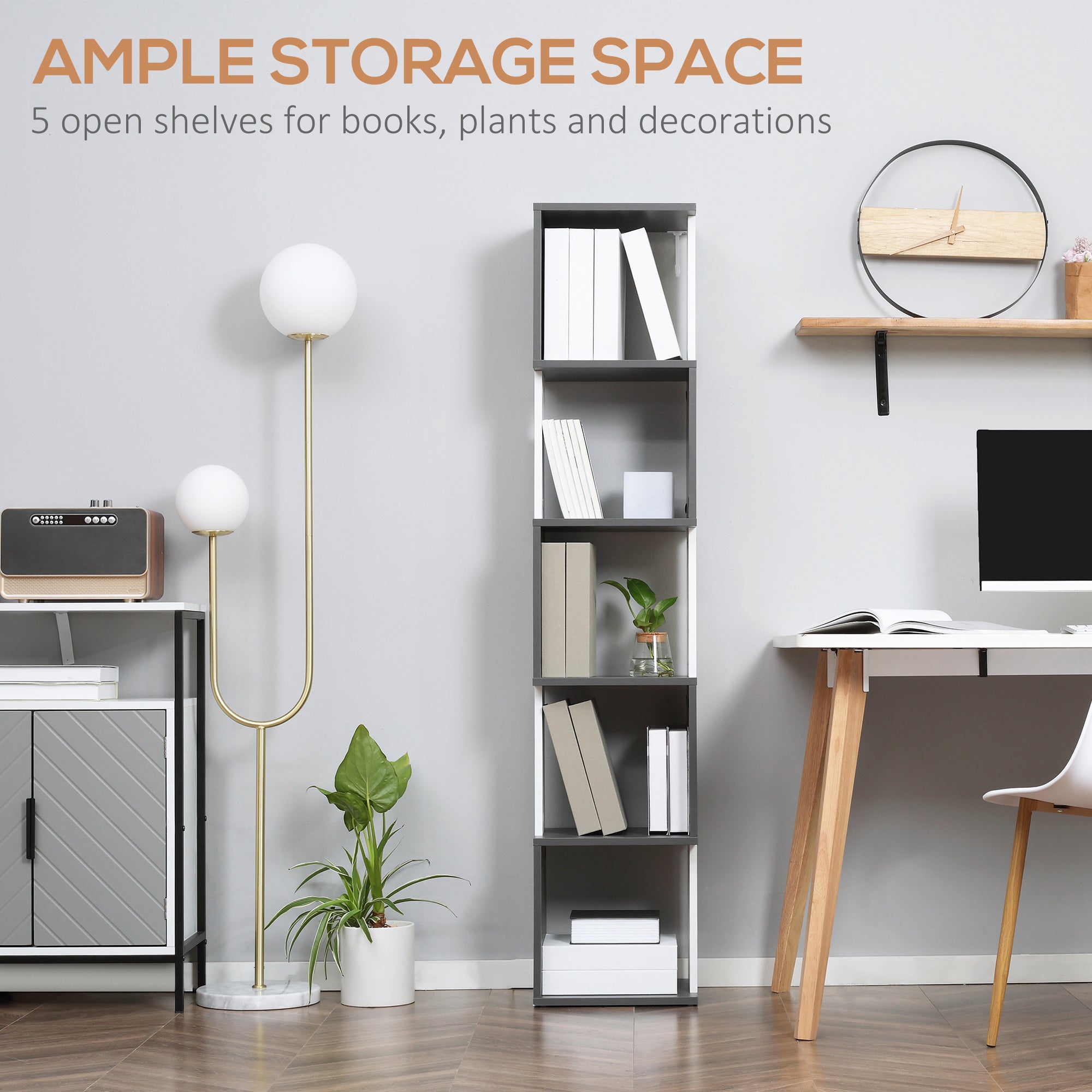 Modern 5-Tier Freestanding Bookshelf Storage Shelving for Living Room Home Office - White and Dark Grey