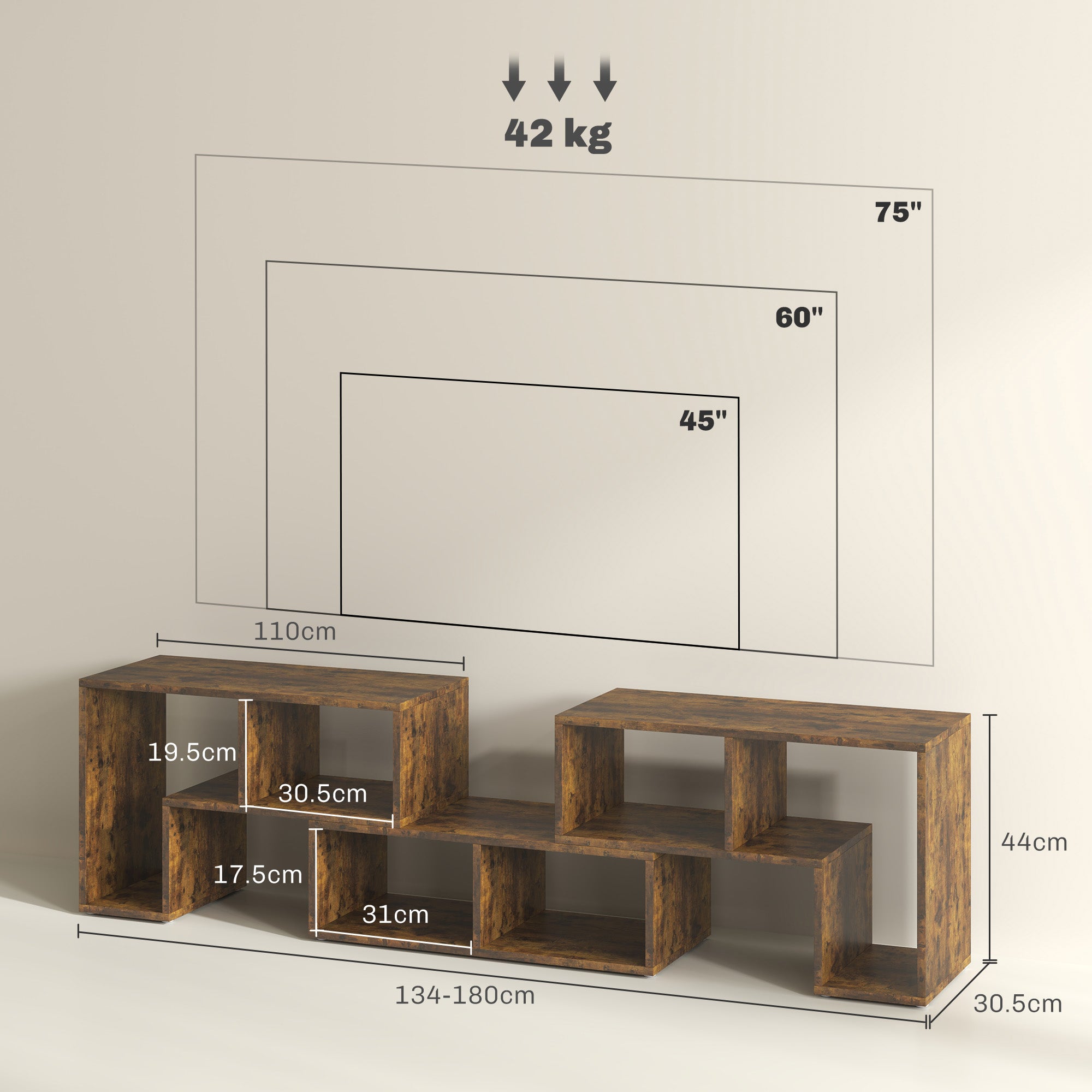 Extendable TV Stand for TVs up to 75 Inches with Storage Shelves, Modular Entertainment Unit - Rustic Brown