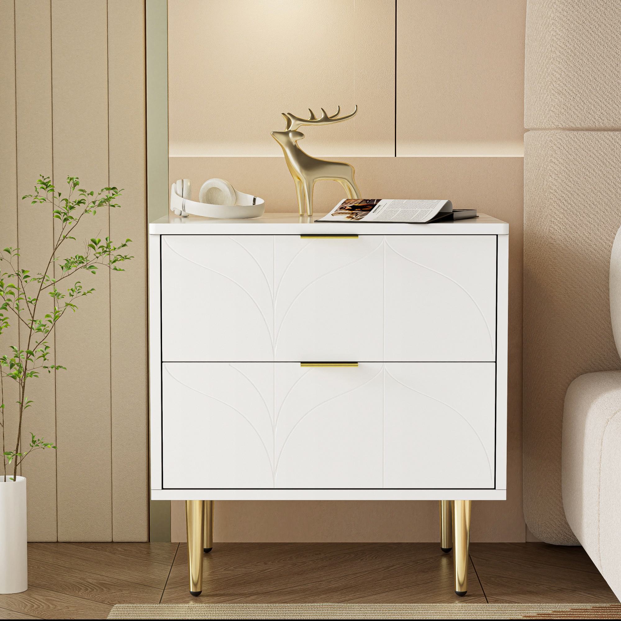 Set of 2 Modern Bedside Tables with 2 Drawers, Floral Pattern and Gold-Plated Accents, Anti-Bump Design, 50L x 40W x 54H cm, White