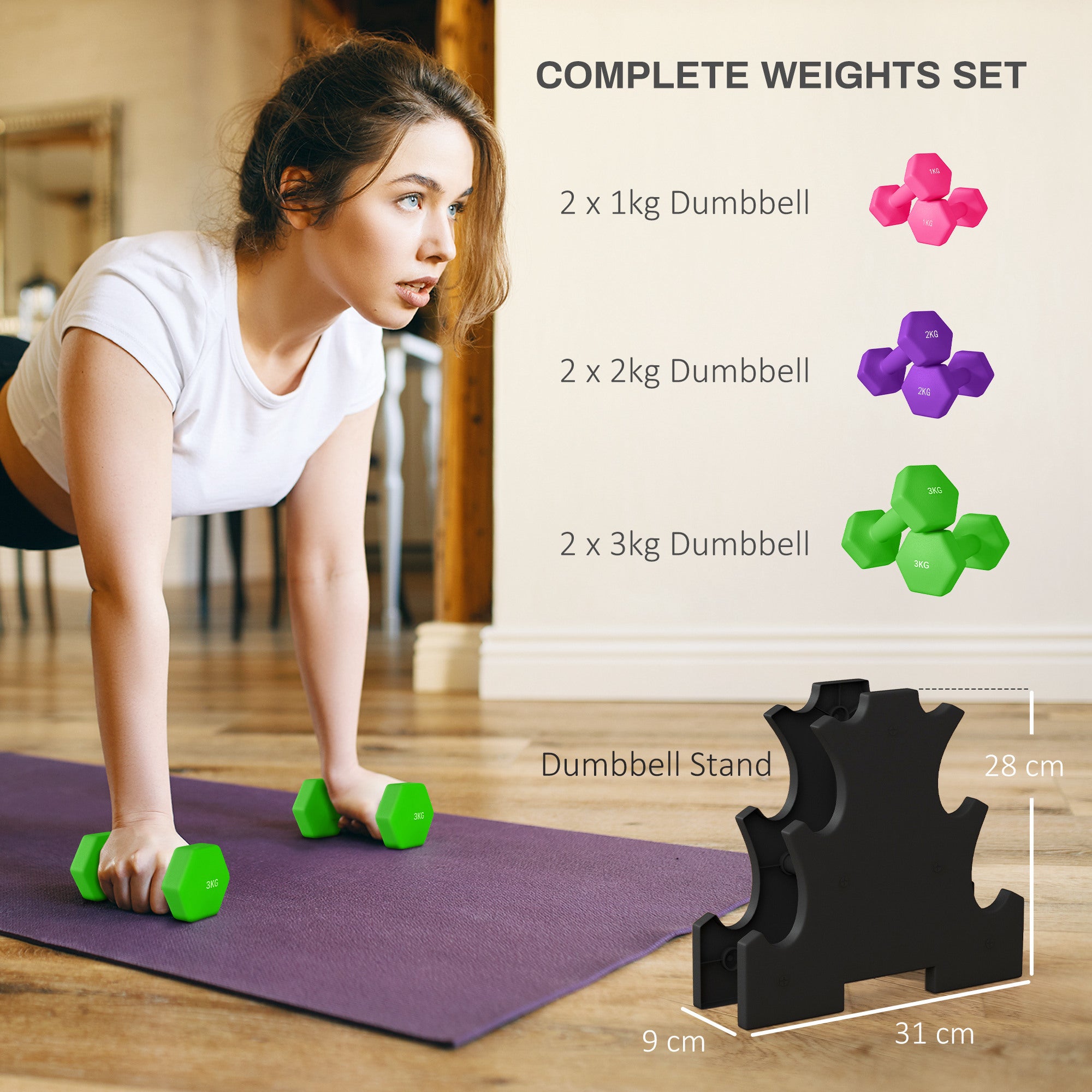 2 x 1kg, 2 x 2kg, 2 x 3kg Dumbbells Set with Dumbbell Rack, Hand Weights for Home Gym Training