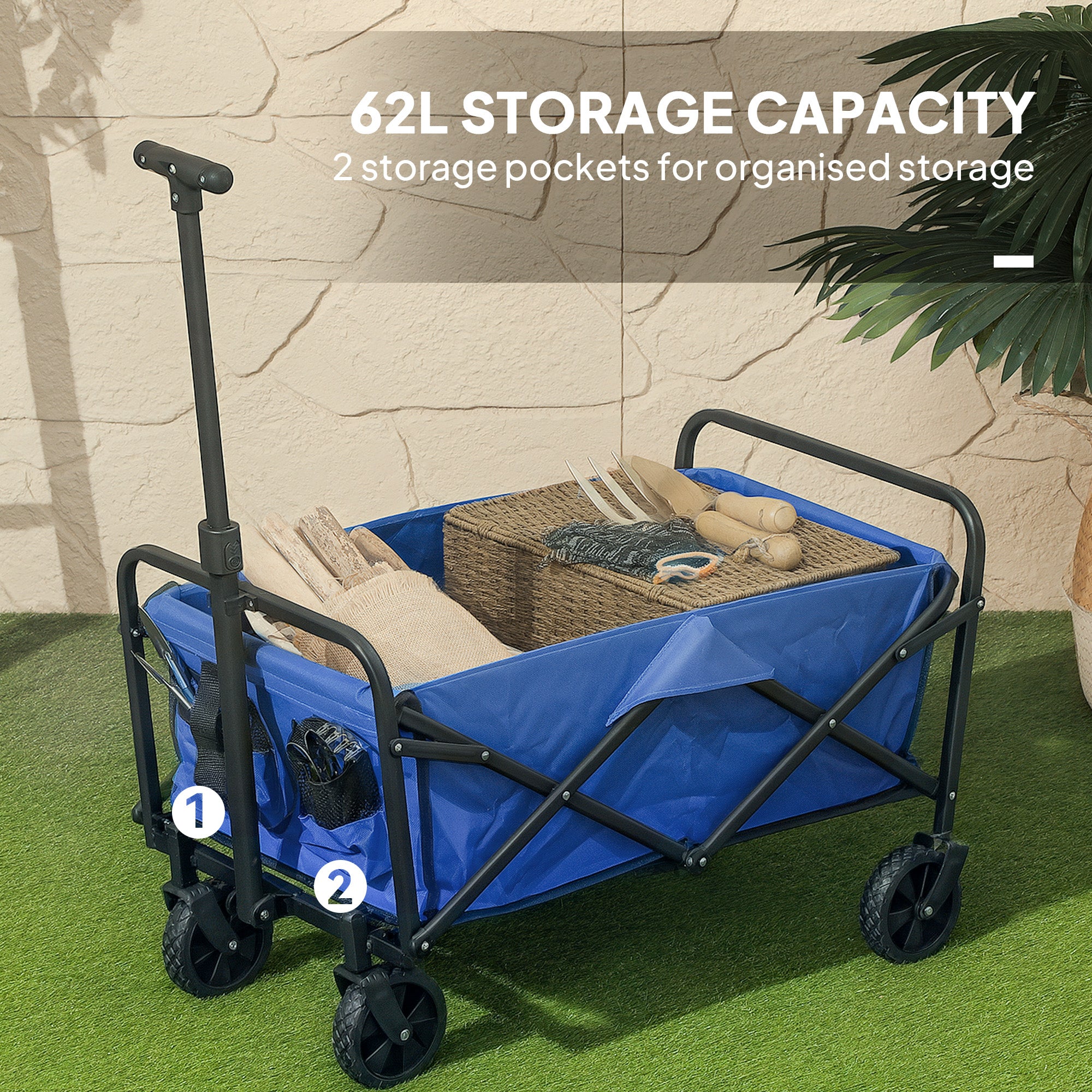 93L Festival Trolley on Wheels, Garden Folding Trolley Cart, 120kg Heavy Duty Collapsible Folding Wagon with Adjustable Handle and Carrying Bag for Beach, Camping, Festival, Blue