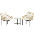 3 Piece Rattan Bistro Set, Wicker Garden Furniture Set with Cushions, Glass Top Coffee Table and Chairs for Outdoor, Patio, Balcony, Beige