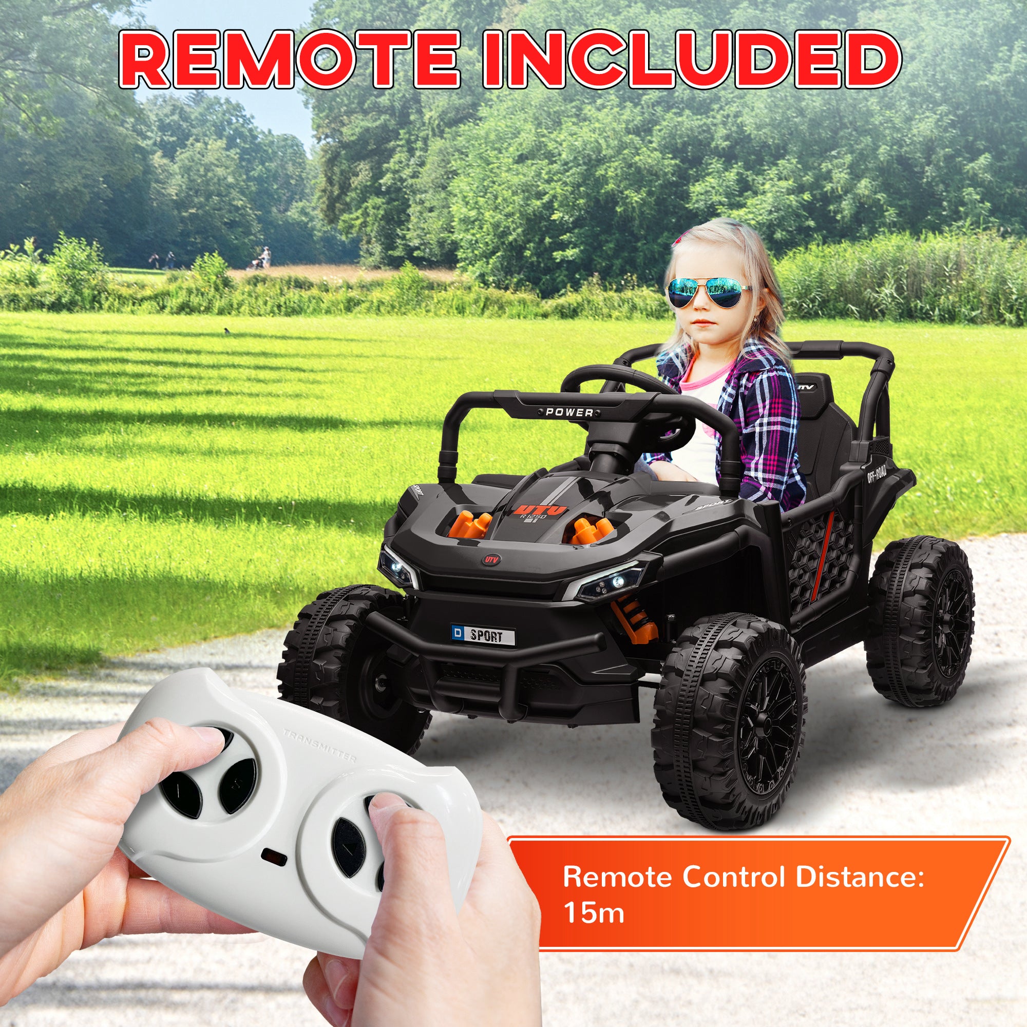 12V Battery Powered Ride on Truck w/ Remote, 4 Suspension Wheels, Horn Lights Music USB, for 3-5 Years Old - Black
