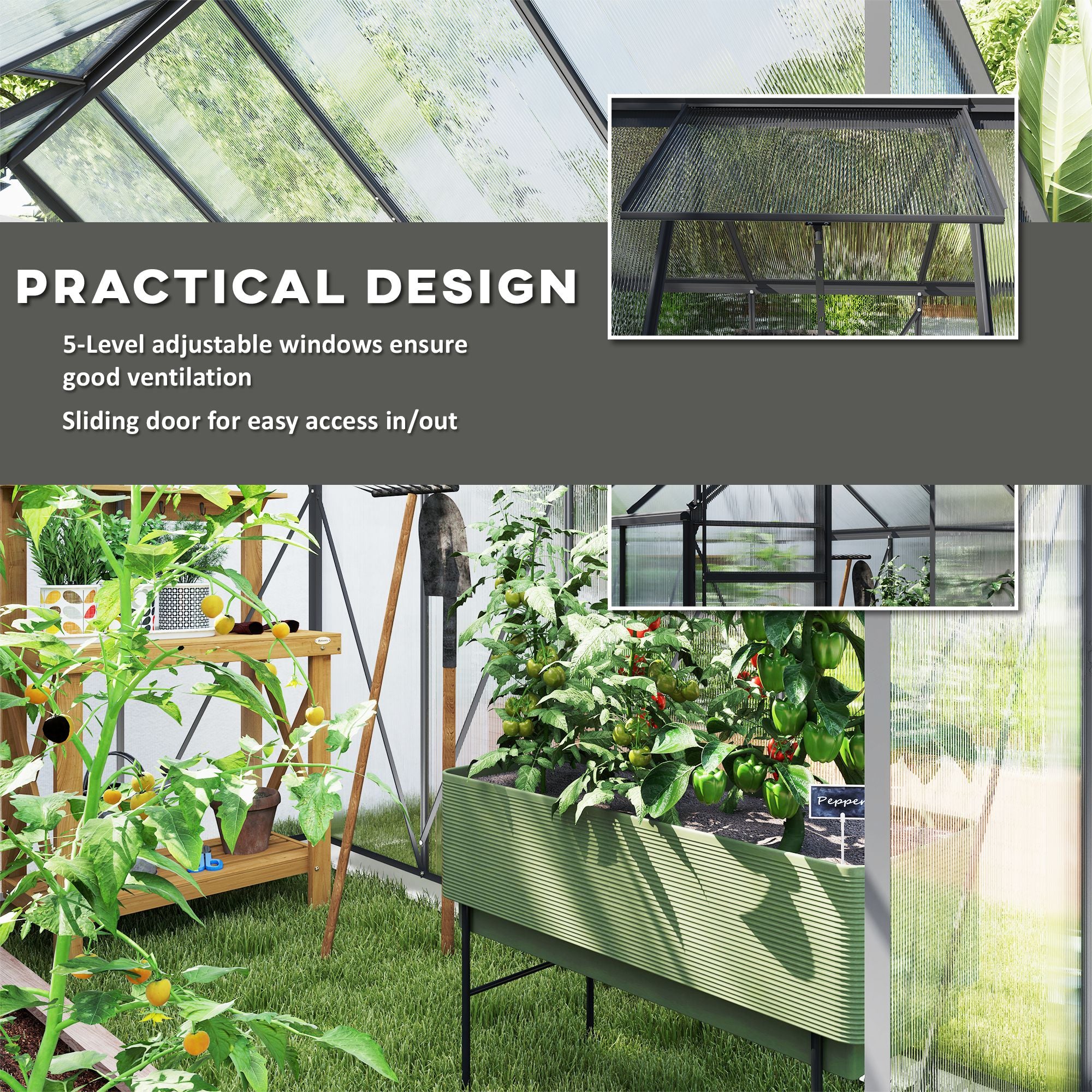 190 x 253 cm Walk-In Polycarbonate Greenhouse - Dark Grey
