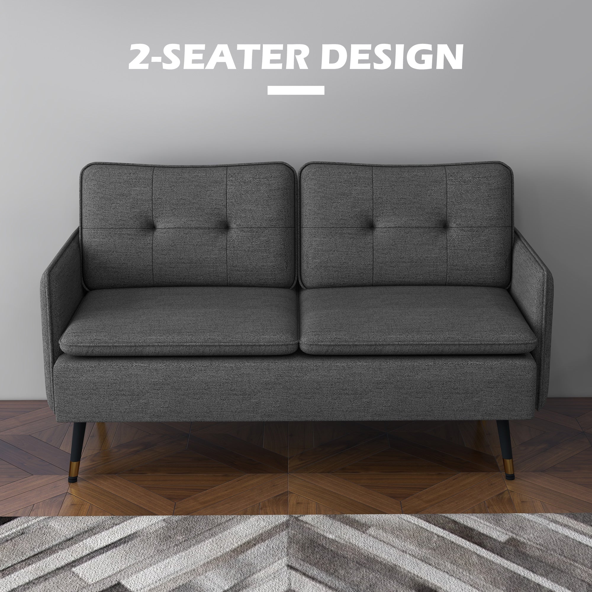 Modern Two Seater Sofa, Button Tufted Loveseat with Cushions and Steel Legs for Living Room, Guest Room, Dark Grey