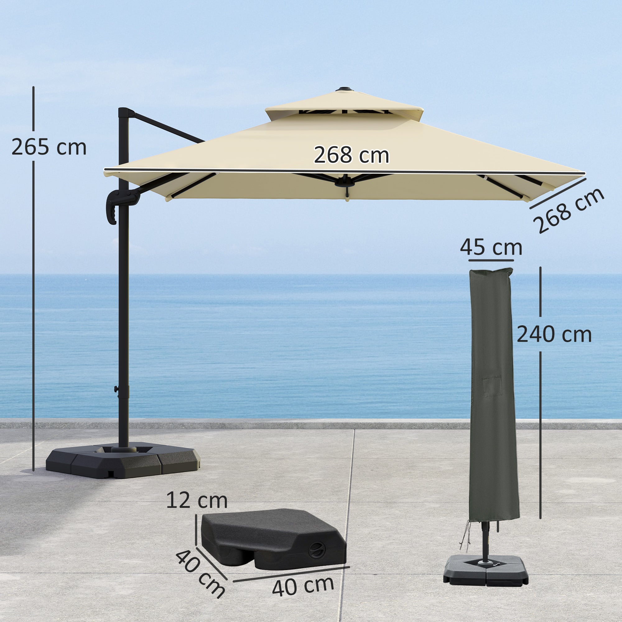 2.7 x 2.7(m) Cantilever Parasol with Aluminium Frame, Crank and Tilt, 360° Rotation, Double Top Garden Umbrella with Base and Cover, Khaki