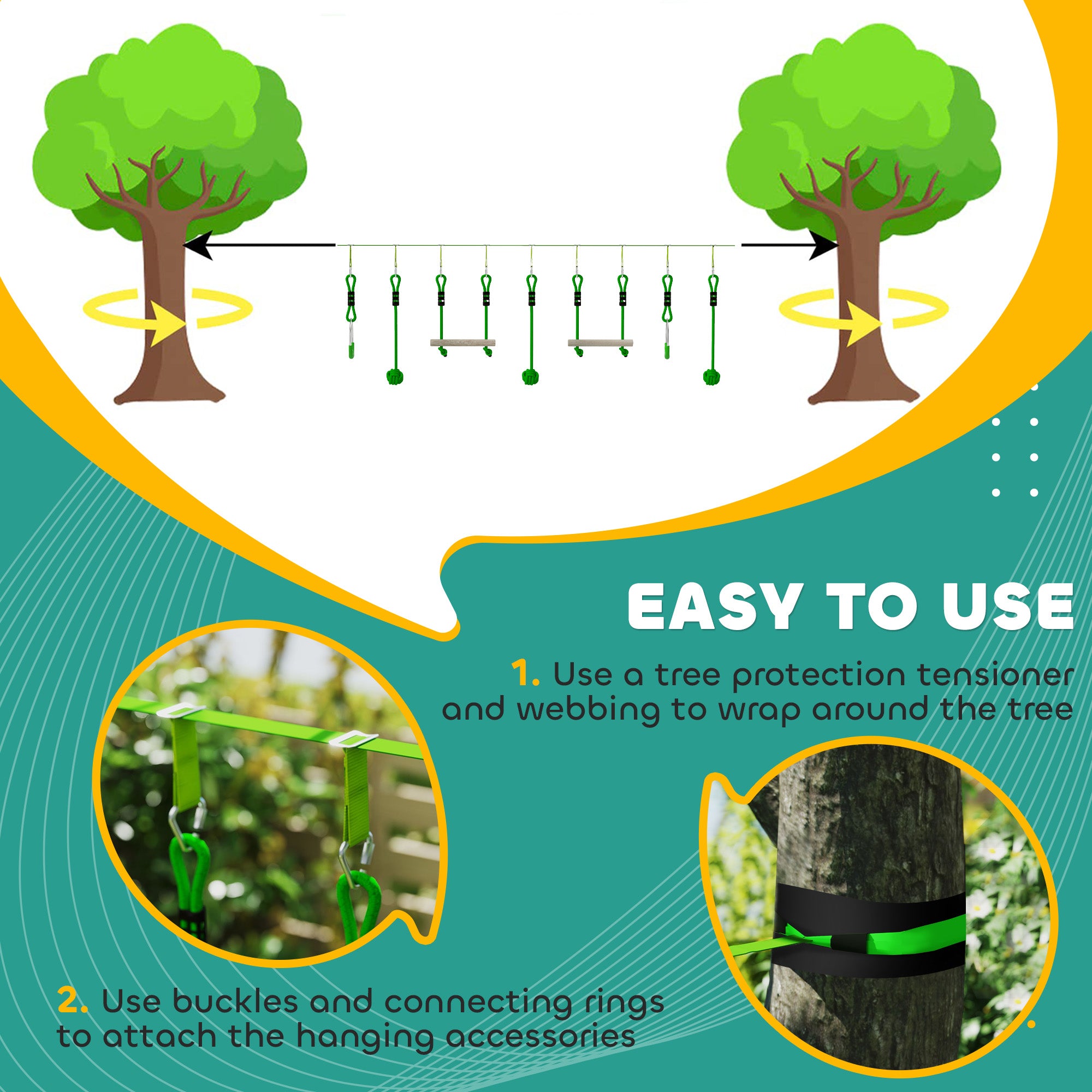 7 Piece Kids Zip Line Kit for Garden, 10m Kids Slackline Kit with Wooden Monkey Bars, Metal Rings, Gripping Balls, Green