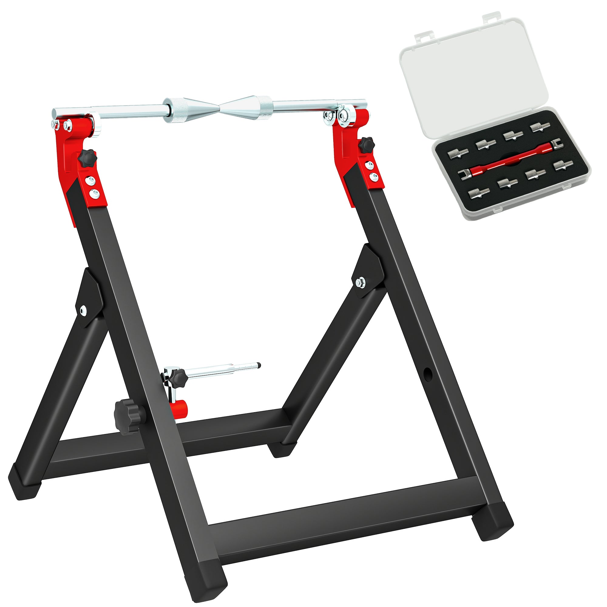 Foldable Motorcycle Wheel Balancer Truing Stand with Spoke Wrench, Steel Bike Tyre Rim Balancing Stand with Aluminium Shaft, Fits Wheels up to 23" in Diameter, 5" in Width, Black