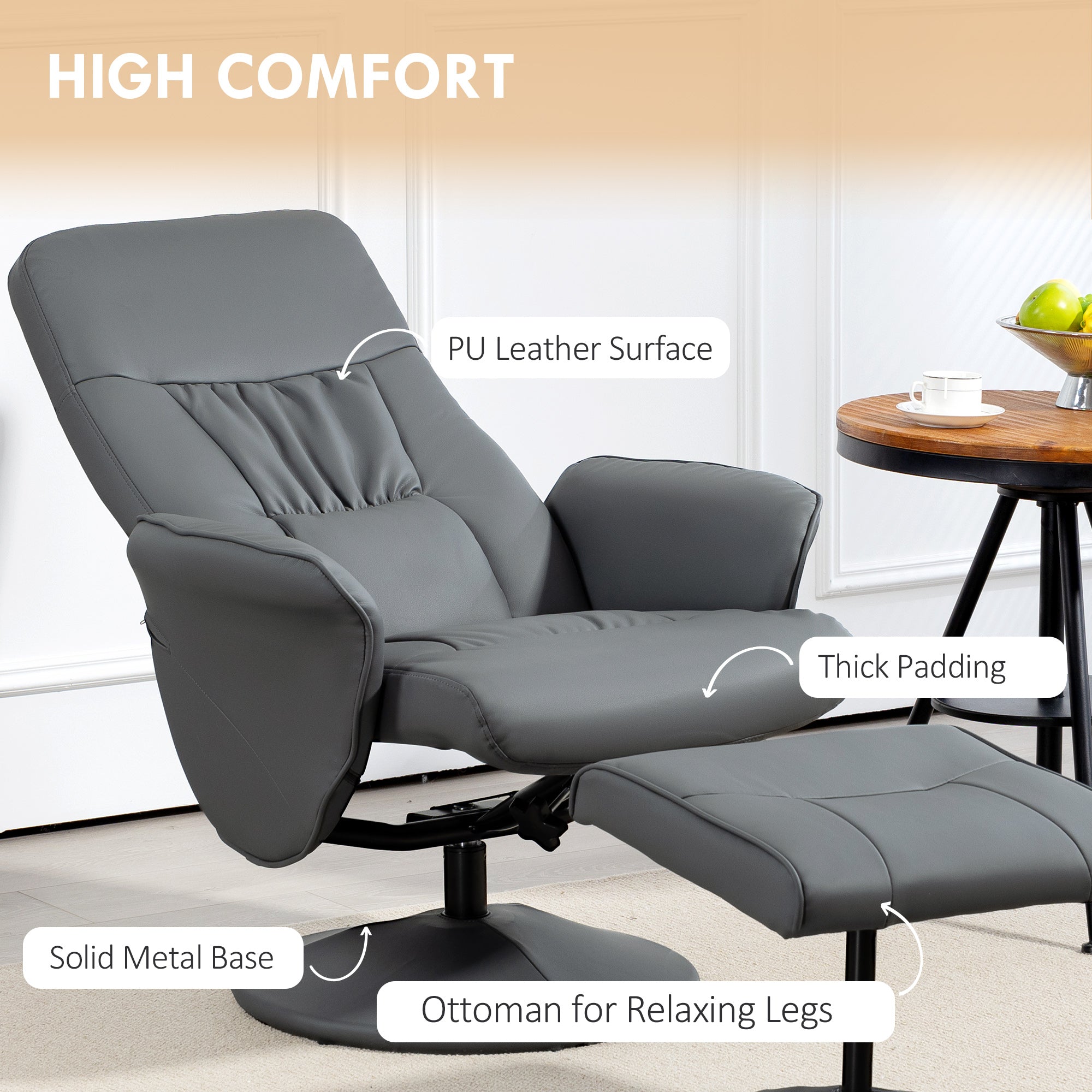 Swivel Recliner Chair with Footstool, PU Leather Armchair and Ottoman with High Back and Round Base for Living Room, Grey