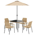 4 Seater Rattan Dining Set with Parasol, 6 Piece Garden Table and Stackable Chairs with Tempered Glass Tabletop