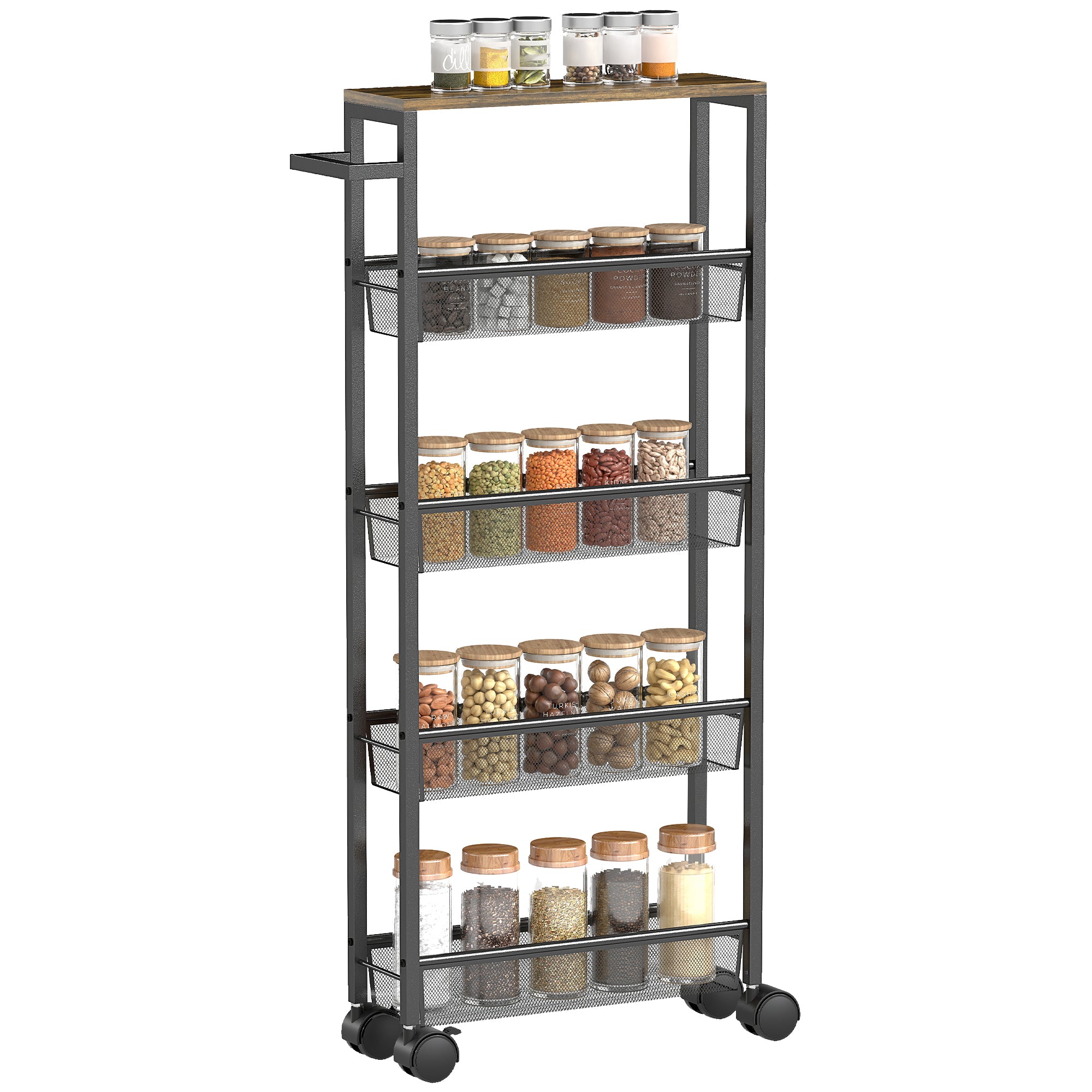 Slim Storage Trolley, 5-Tier Kitchen Cart on Wheels with Wood-effect Top, Handle for Living Room, Bathroom, Black
