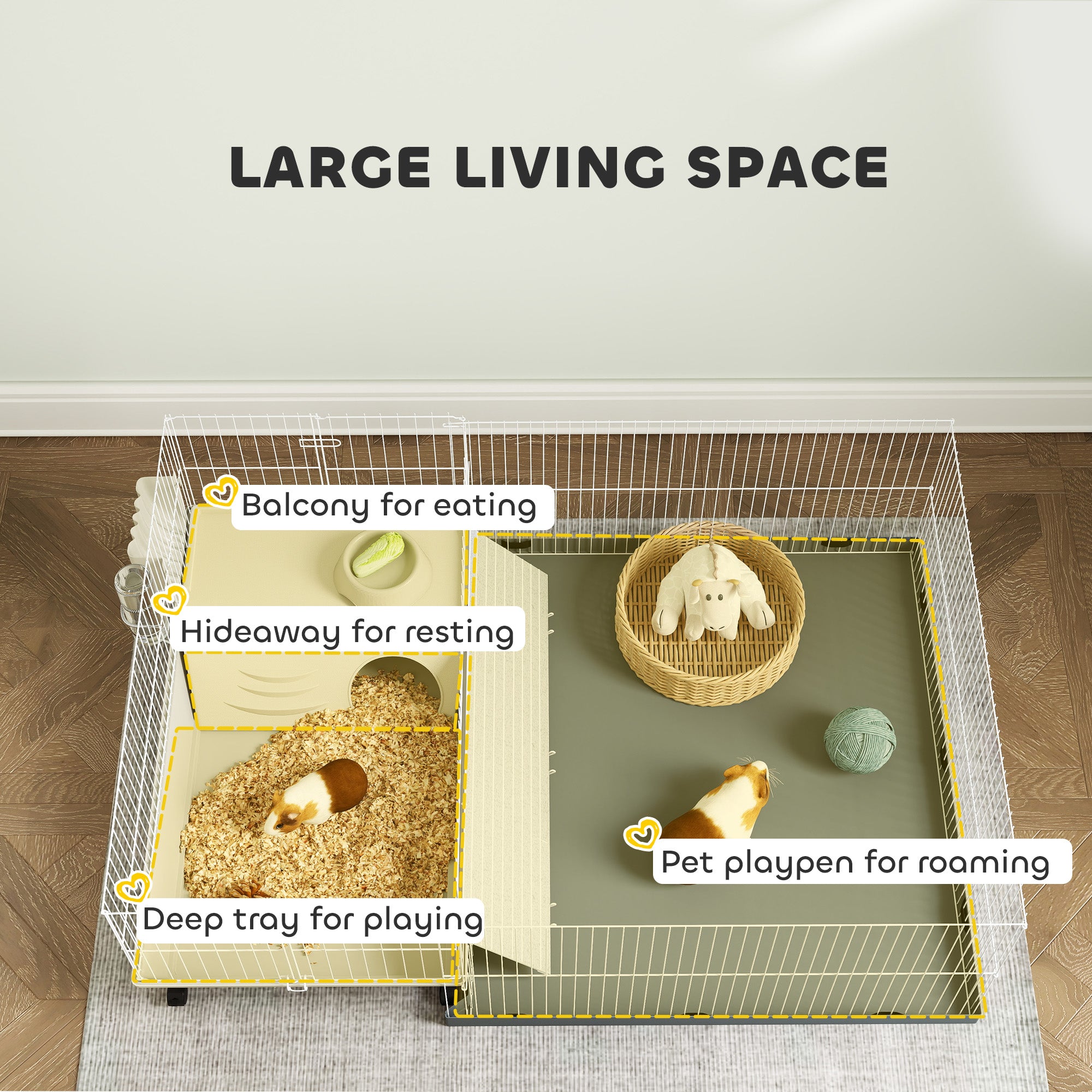 Small Animal Cage with Removable Pet Playpen, Guinea Pig Cage with Waterproof Pad, Hay Feeder, 108 x 71 x 57cm, Beige