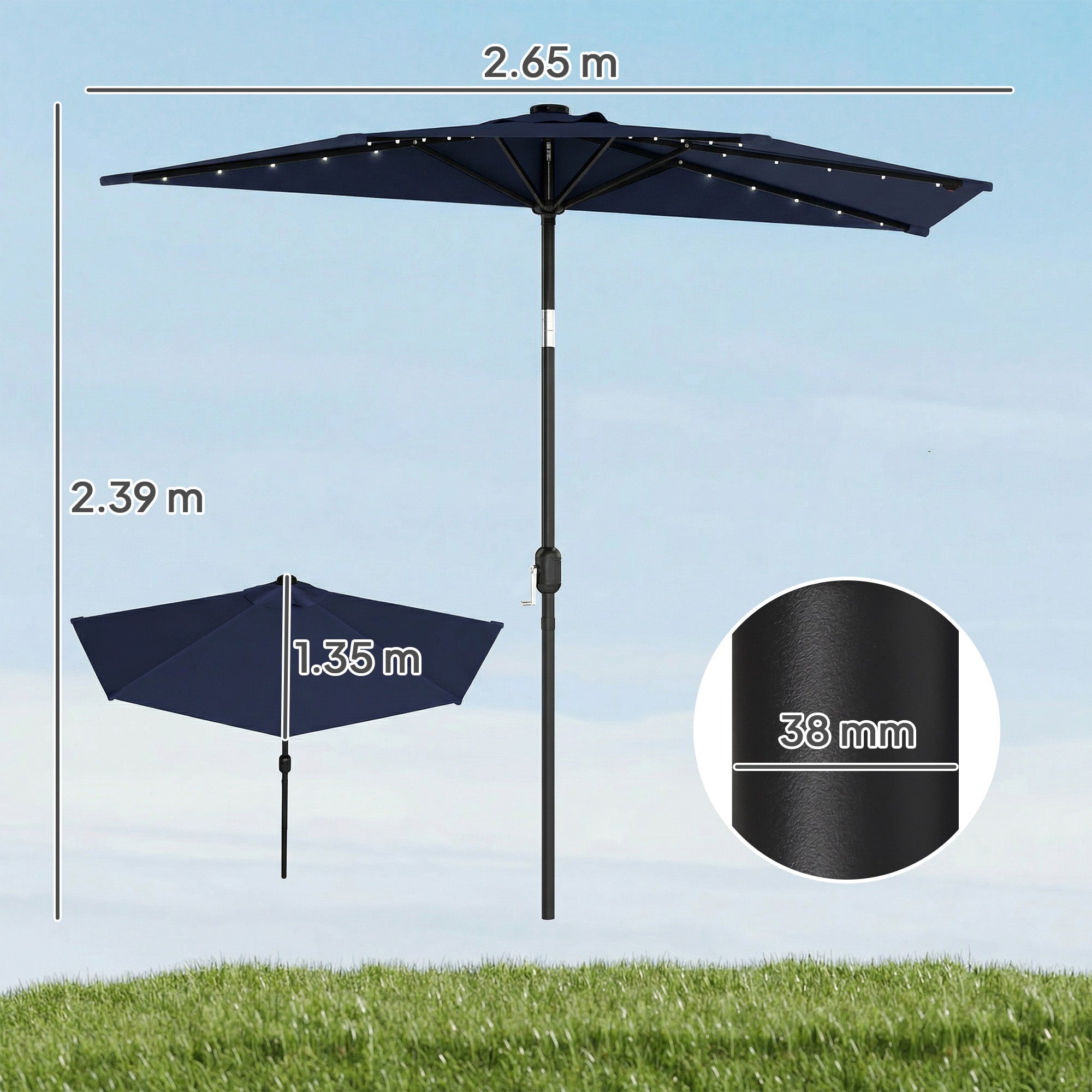 2.6 m Half Garden Parasol with Solar LED Lights, UPF50+ Semi Round Umbrella with 30° Tilt, Crank Handle, Dark Blue