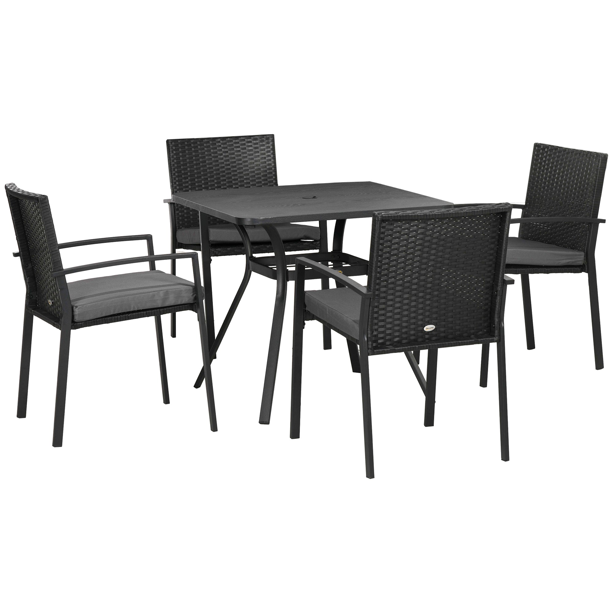 Five-Piece Garden Dining Set, with Rattan Seat Chairs and Cushions - Black