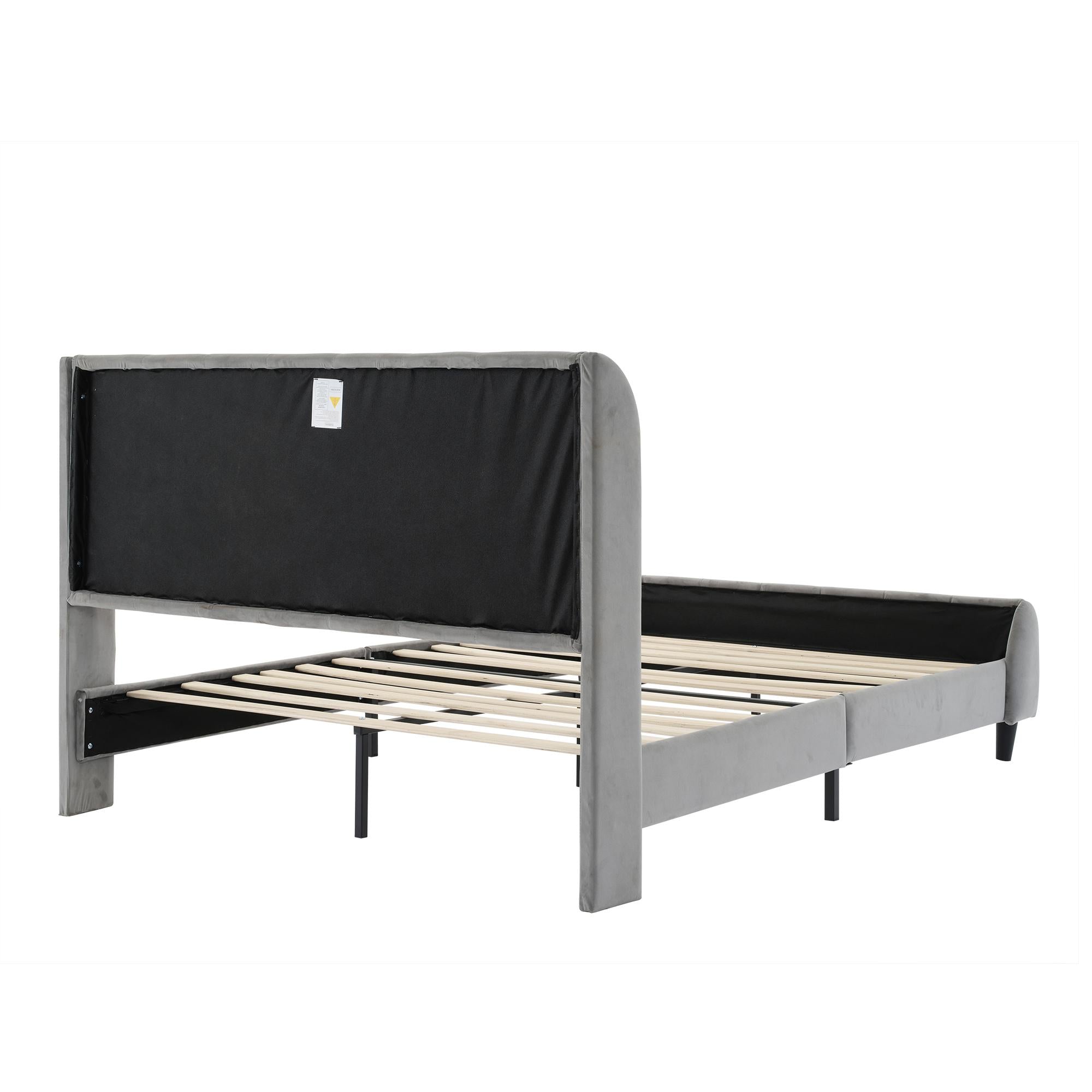Double Upholstered Velvet Bed with Soft Backrest - Gray