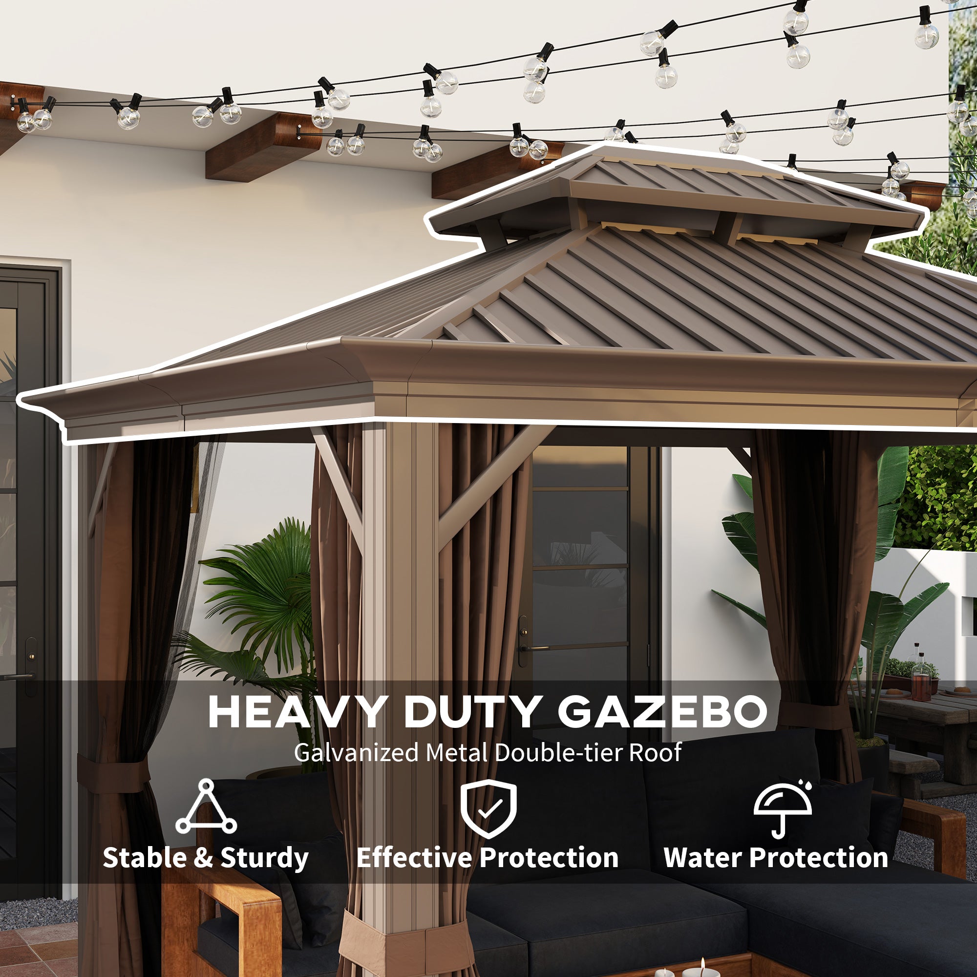 3.65 x 3m Aluminium Hardtop Gazebo, with Accessories - Brown