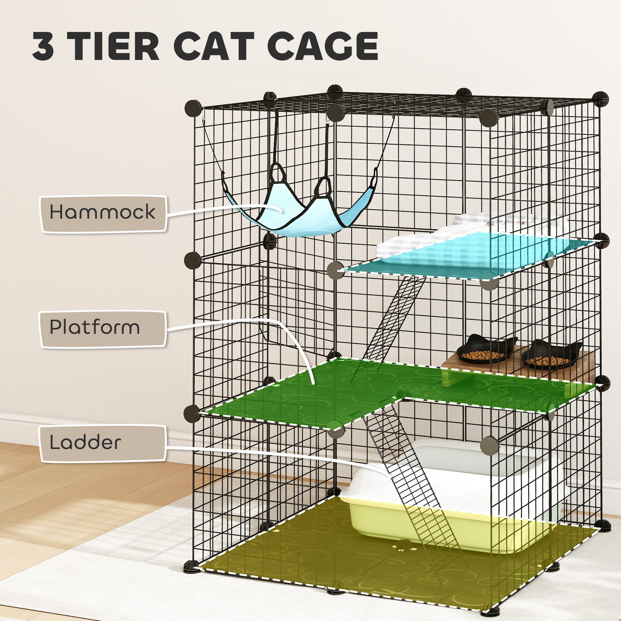 Indoor Cat Cage DIY Customizable 3-Tier Indoor Cat Enclosure with 3 Doors and Hammock 105 cm Black