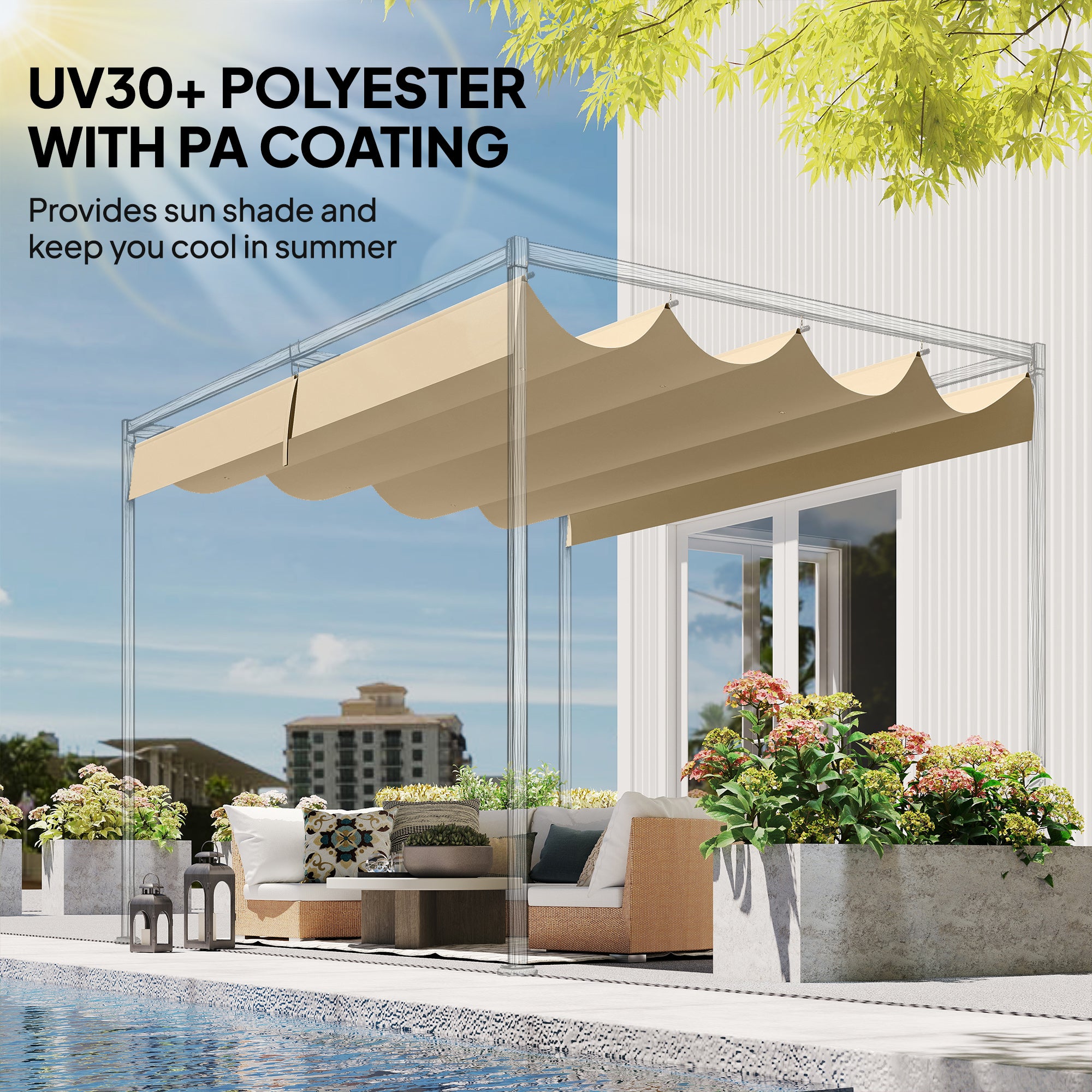 Retractable Pergola Canopy Only, 3.92 x 3.5 m, UV30+ Replacement Canopy Cover for 4 x 3 m Pergola, Khaki