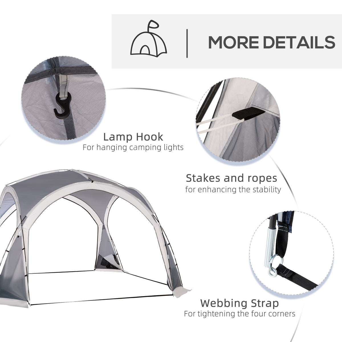 Dome Tent for 6-8 Person, Camping Tent with 4 Zipped Mesh Doors, Removable Oxford Cloth, Lamp Hook, Portable Carry Bag, White and Grey