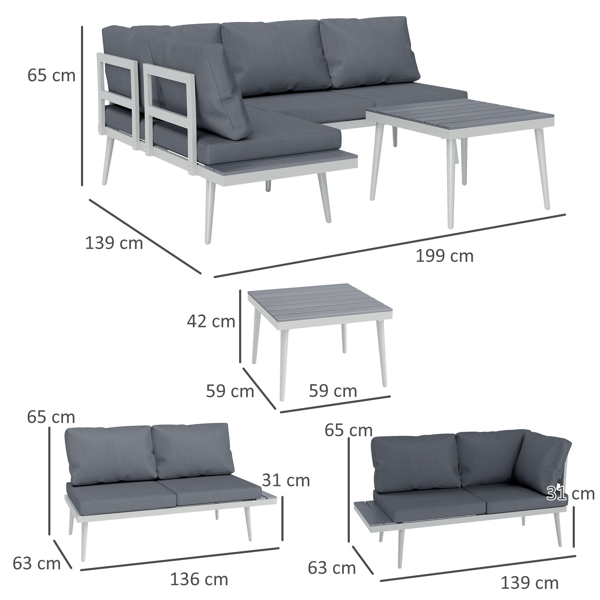 3 Piece Garden Furniture Set with 5-Level Adjustable Lounger, L Shaped Garden Corner Sofa with Cushions, Mesh Seat, Slatted Wood-Grain Table, Outdoor Furniture Set for Conservatory, Grey