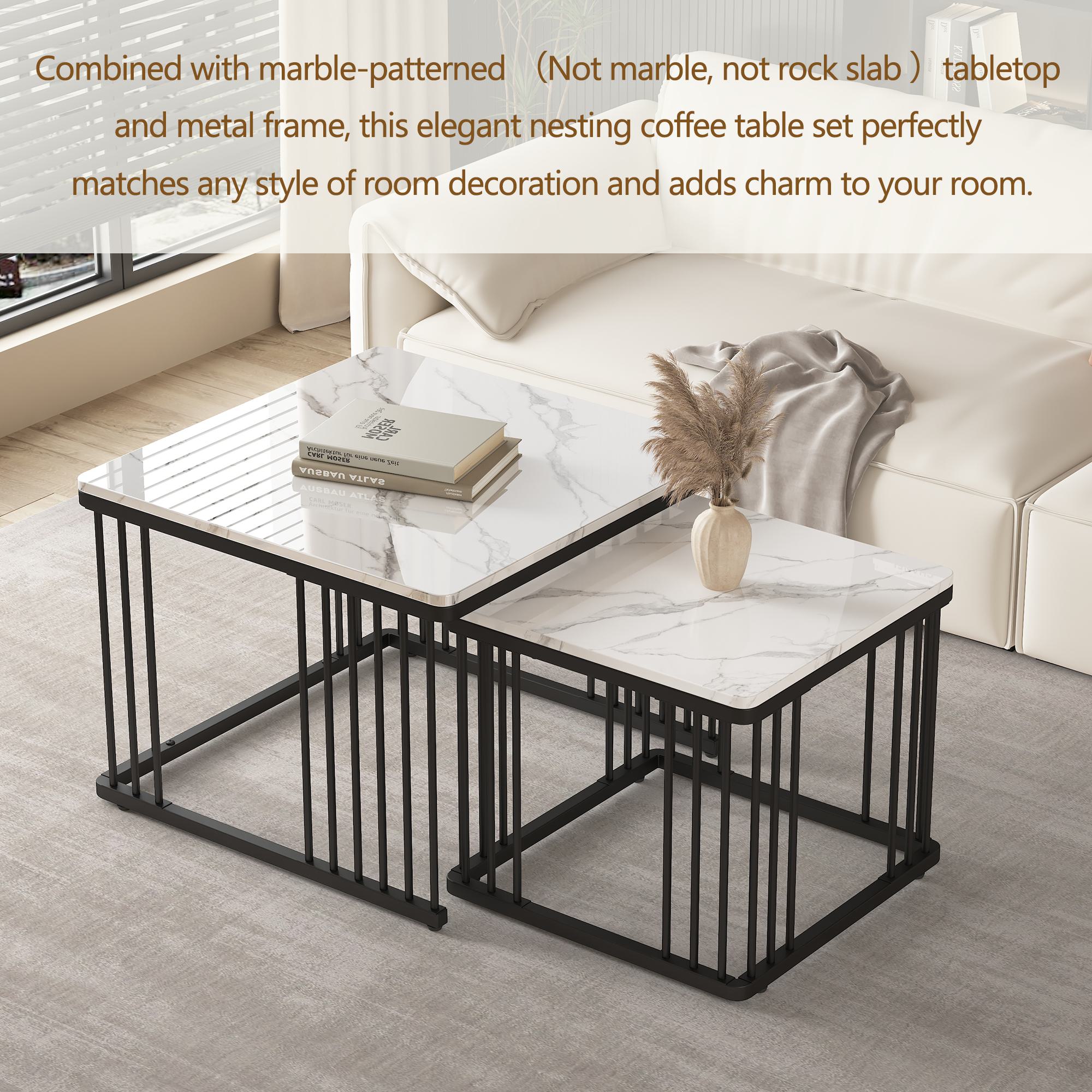2 Piece High Gloss Nesting Coffee Table Set with Marble Pattern, Square Side Tables with Metal Frame, 60L x 60W x 45H cm, White+Black