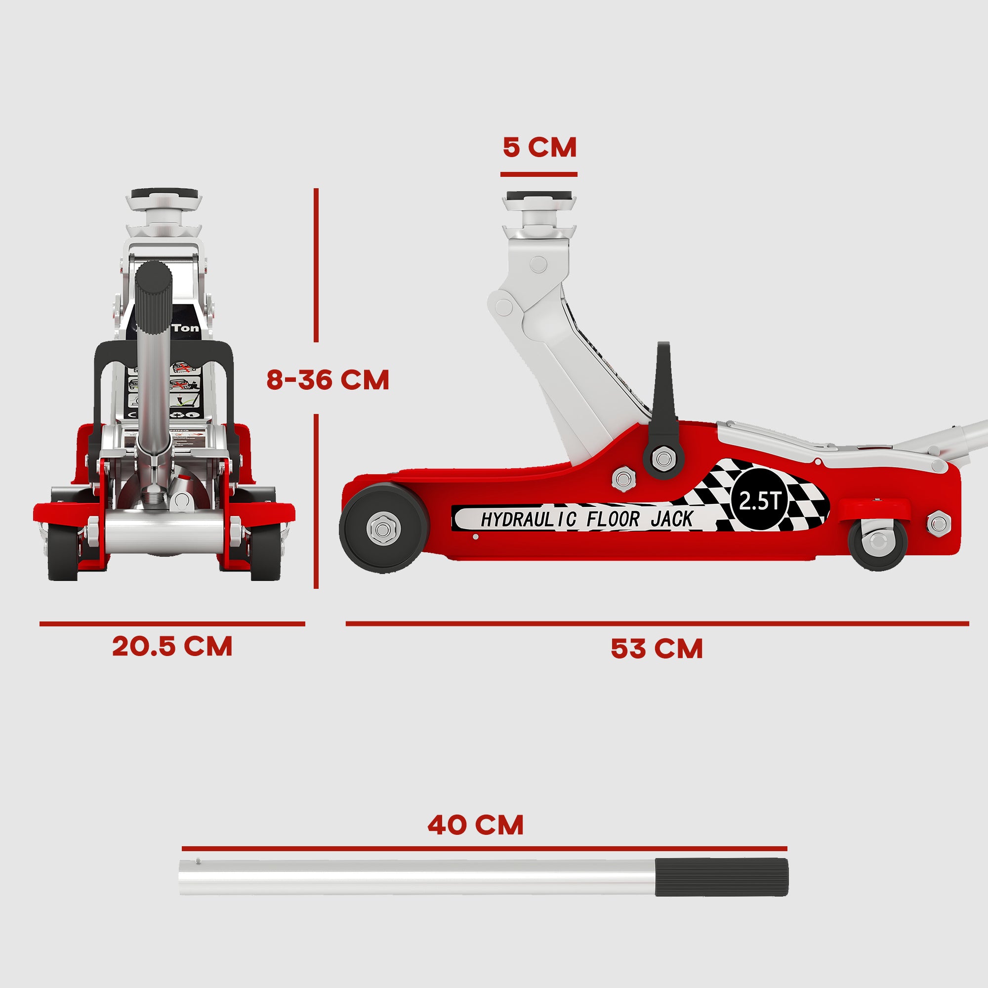 Hydraulic Low Profile Floor Jack, 2.5 Tonne Heavy Duty Steel Trolley Car Jack Lift with 80-360 mm Lifting Range, Wheels, Top Handle, Red