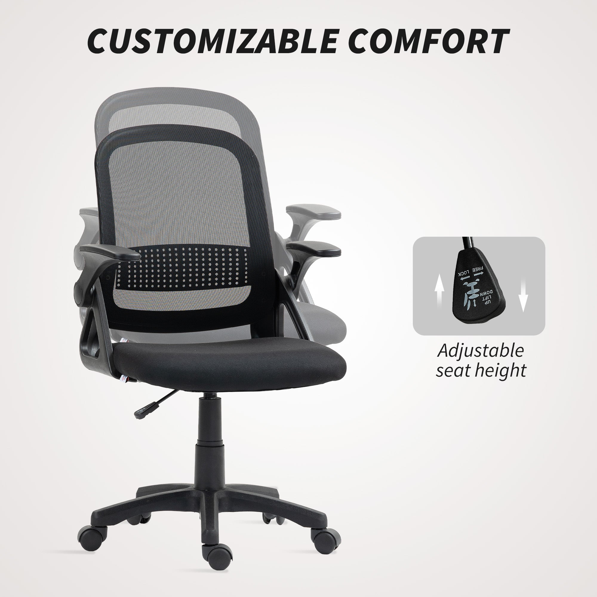 Breathable Mesh Office Chair, Ergonomic Swivel Computer Chair with Flip-up Armrests, Lumbar Back Support for Home/Office, Black