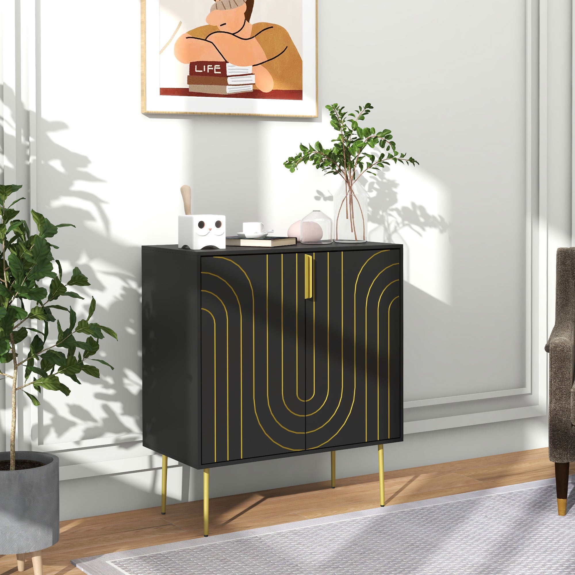 Art Deco Inspired Sideboard, with Adjustable Shelf - Black/Gold Tone
