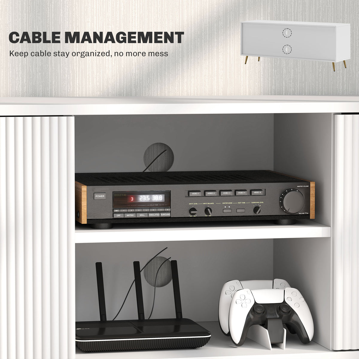 Modern TV Stand Cabinet for TVs up to 55" with 2 Open Shelves & 2 Cabinets, Cable Management - White