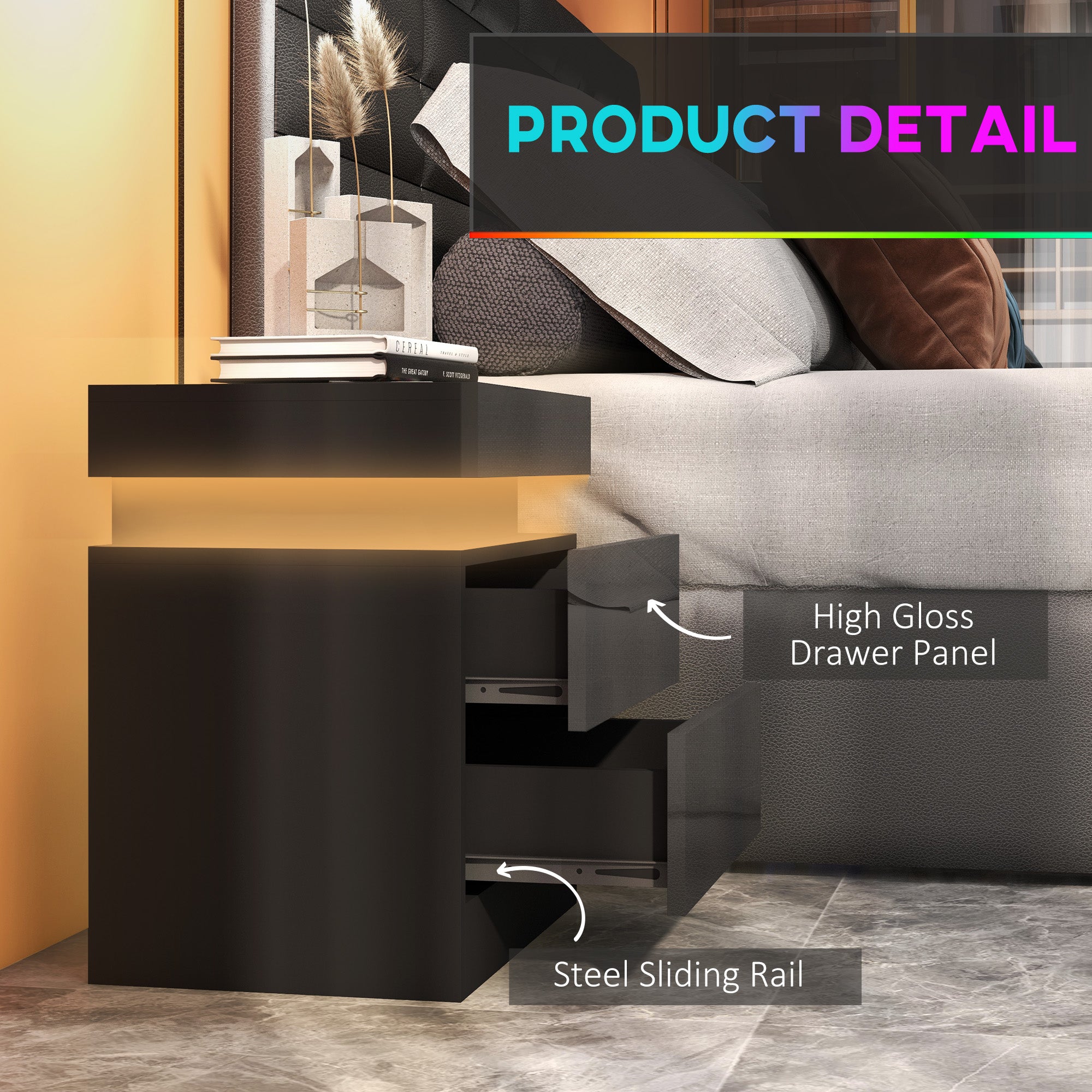 High Gloss Front Bedside Tables Set of 2, Nightstands with RGB LED Light and 2 Drawers, Chest of Drawers for Bedroom, Living Room, Black