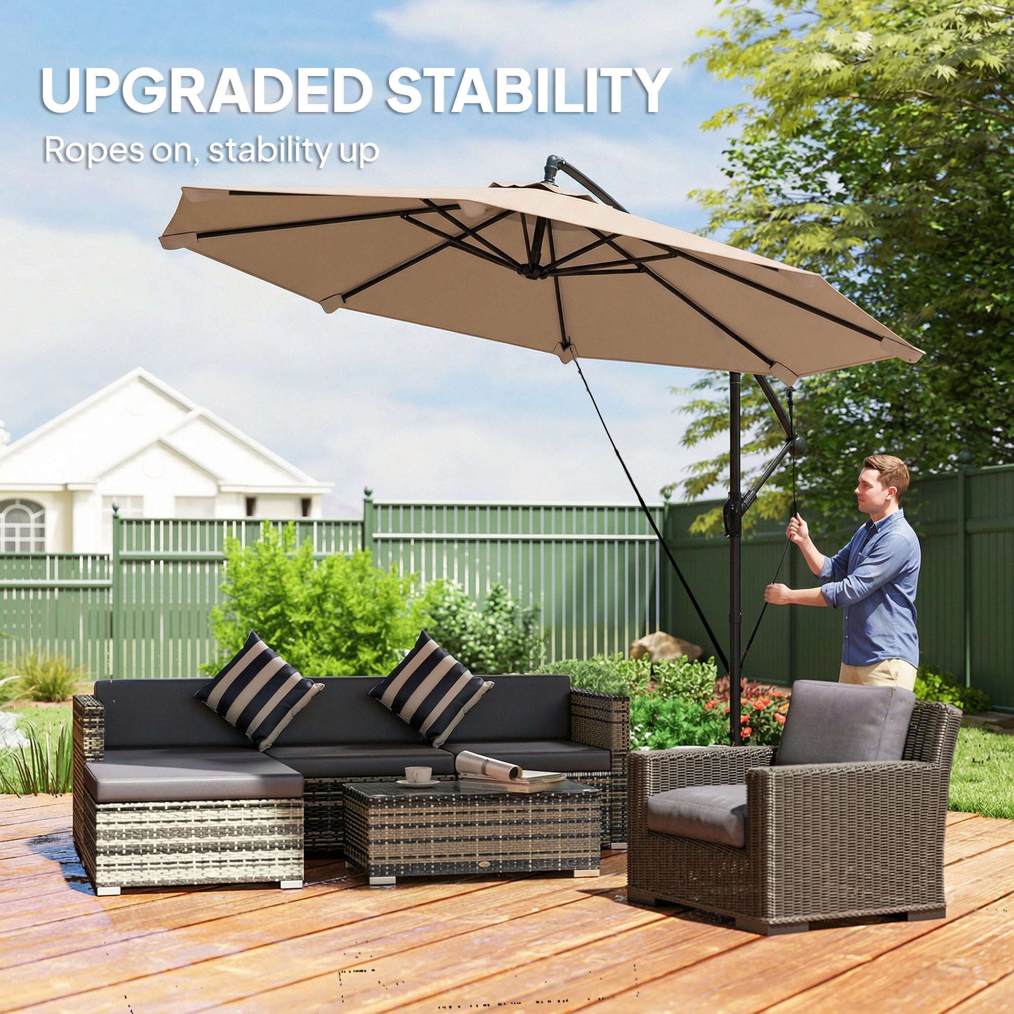 3 m Cantilever Parasol with Protective Cover and Wind Ropes, Banana Parasol with Crank Handle, Khaki