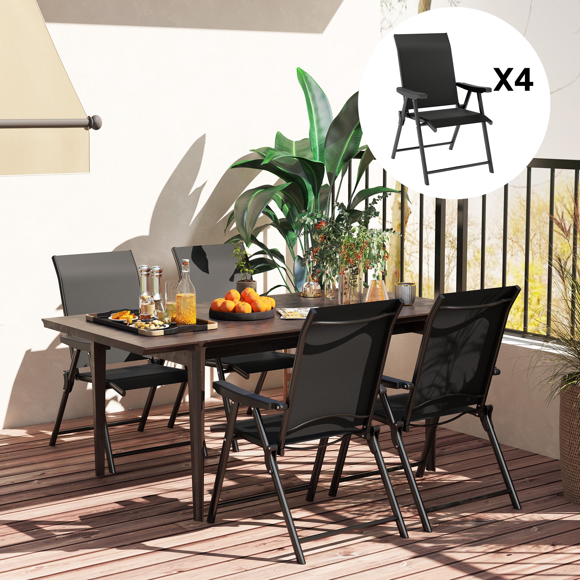 Set of Four Folding Outdoor Chairs with Breathable Mesh - Black