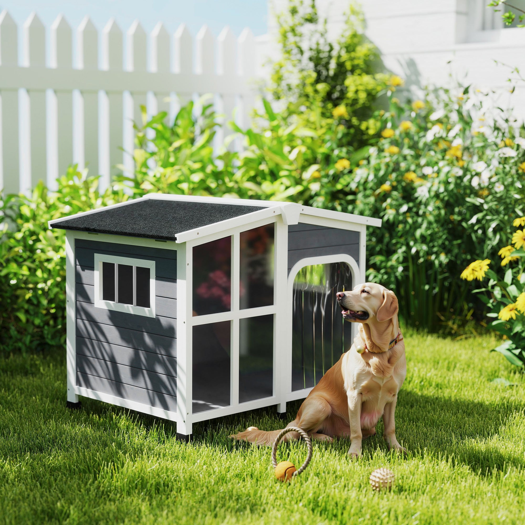 Wooden Dog Kennel with Removable Floor, Asphalt and Openable Roof, Giant Window for Large Dogs, Charcoal Grey