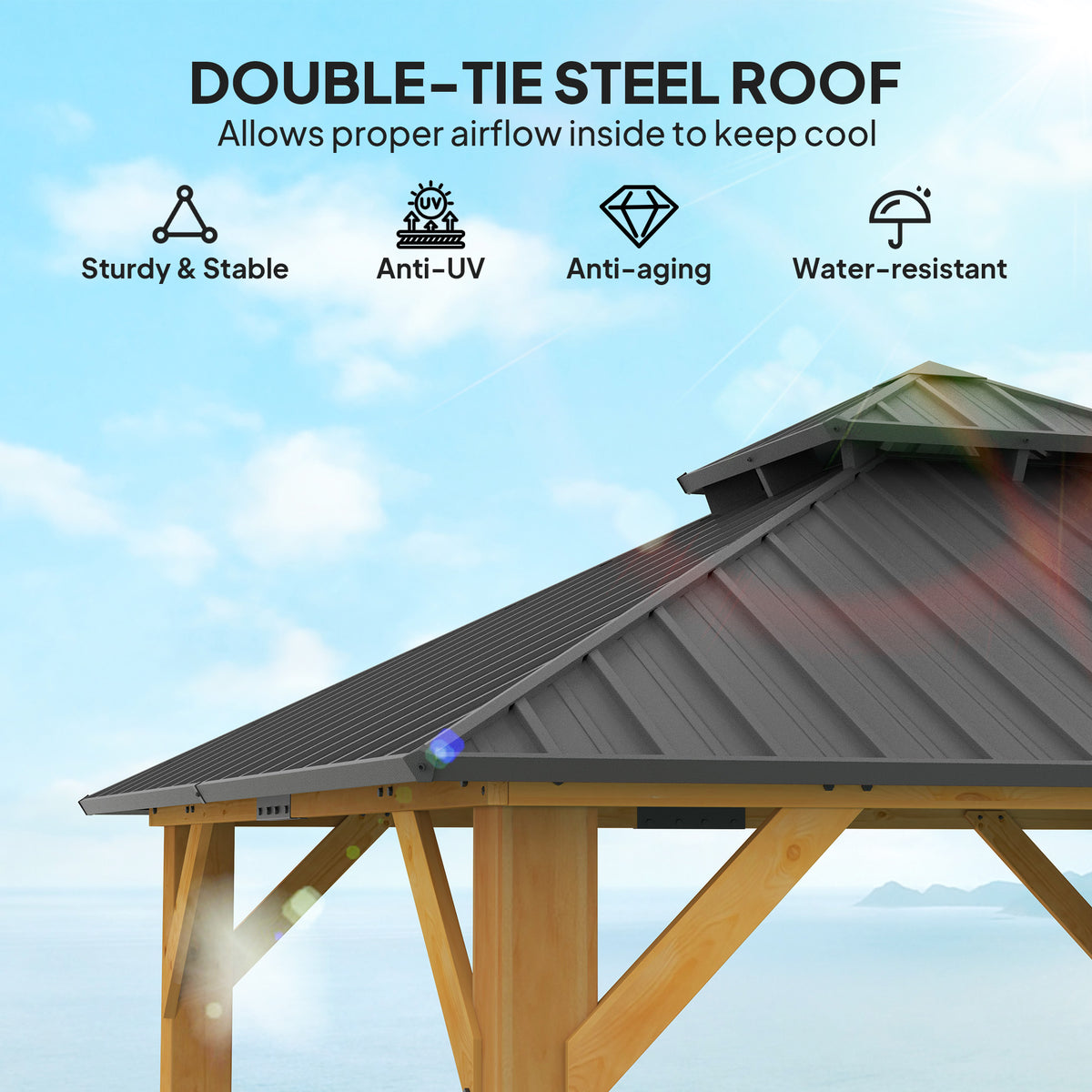3x3M Outdoor Hardtop Gazebo Canopy with 2-Tier Roof and Solid Wood Frame - Grey
