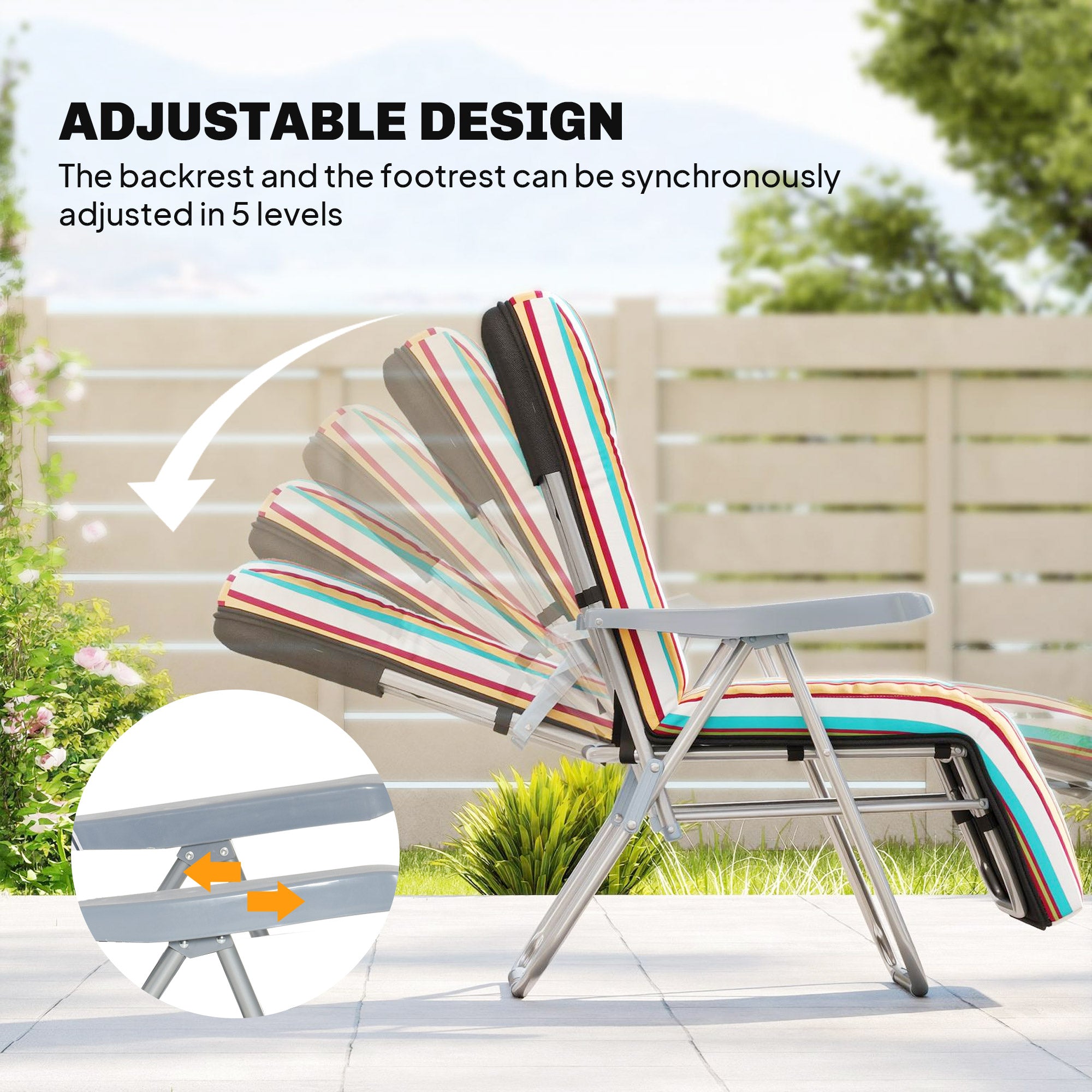 Set of 2 Foldable Patio Sun Lounger with Adjustable Backrest and Cushion, Multicoloured