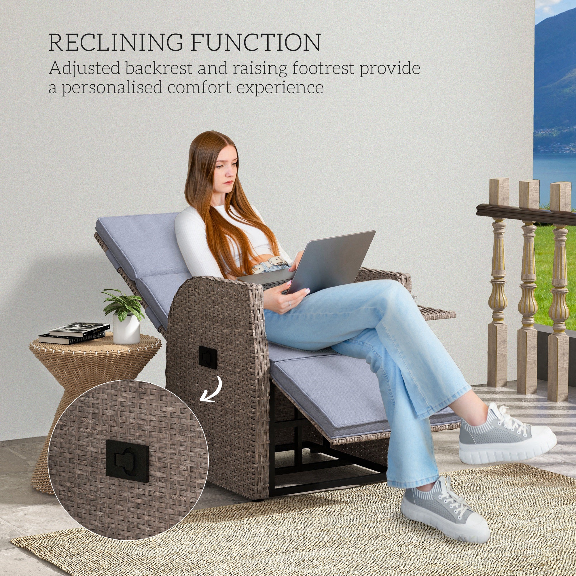 148° Reclining Rattan Garden Armchair, with Footrest - Brown/Grey