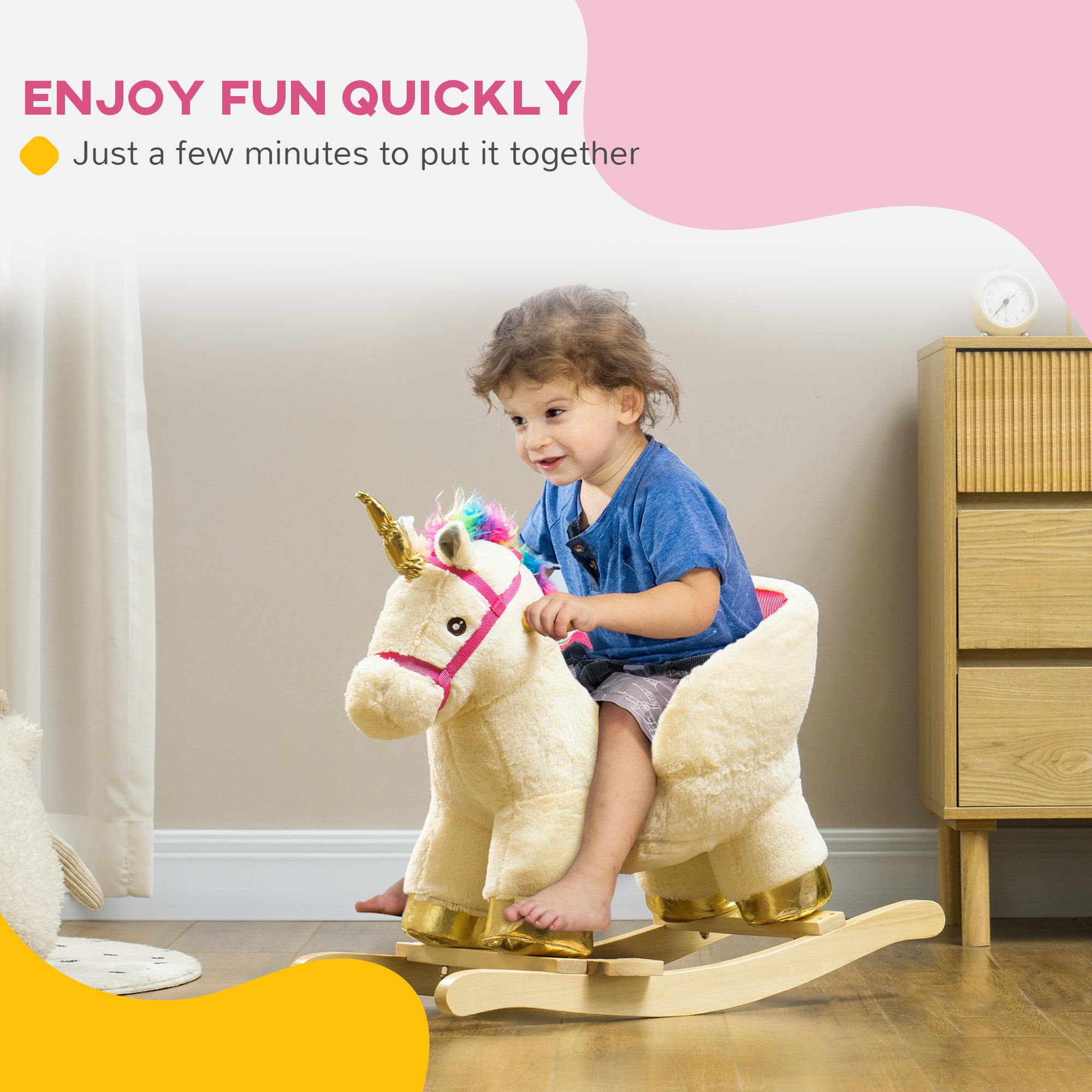 Kids Rocking Horse with Realistic Sound, Safety Belt, Wooden Base, for Toddlers 18-36 Months