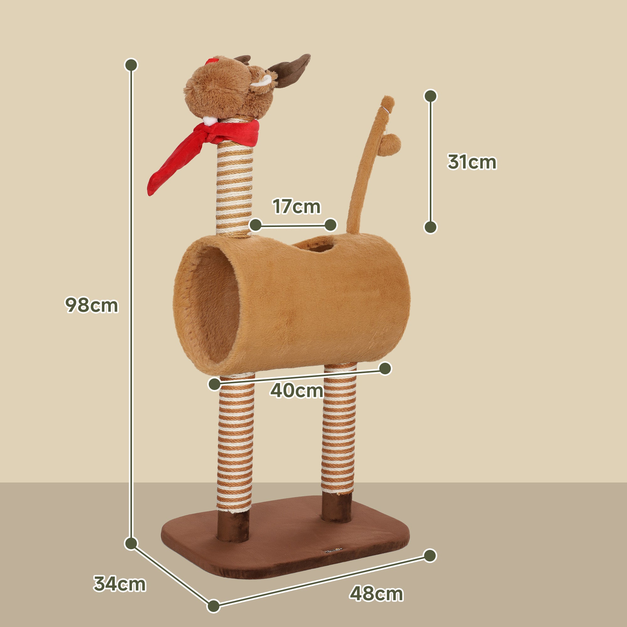 98cm Deer Themed Cat Tree with Scratching Posts, Toy Ball, Tunnel, Brown