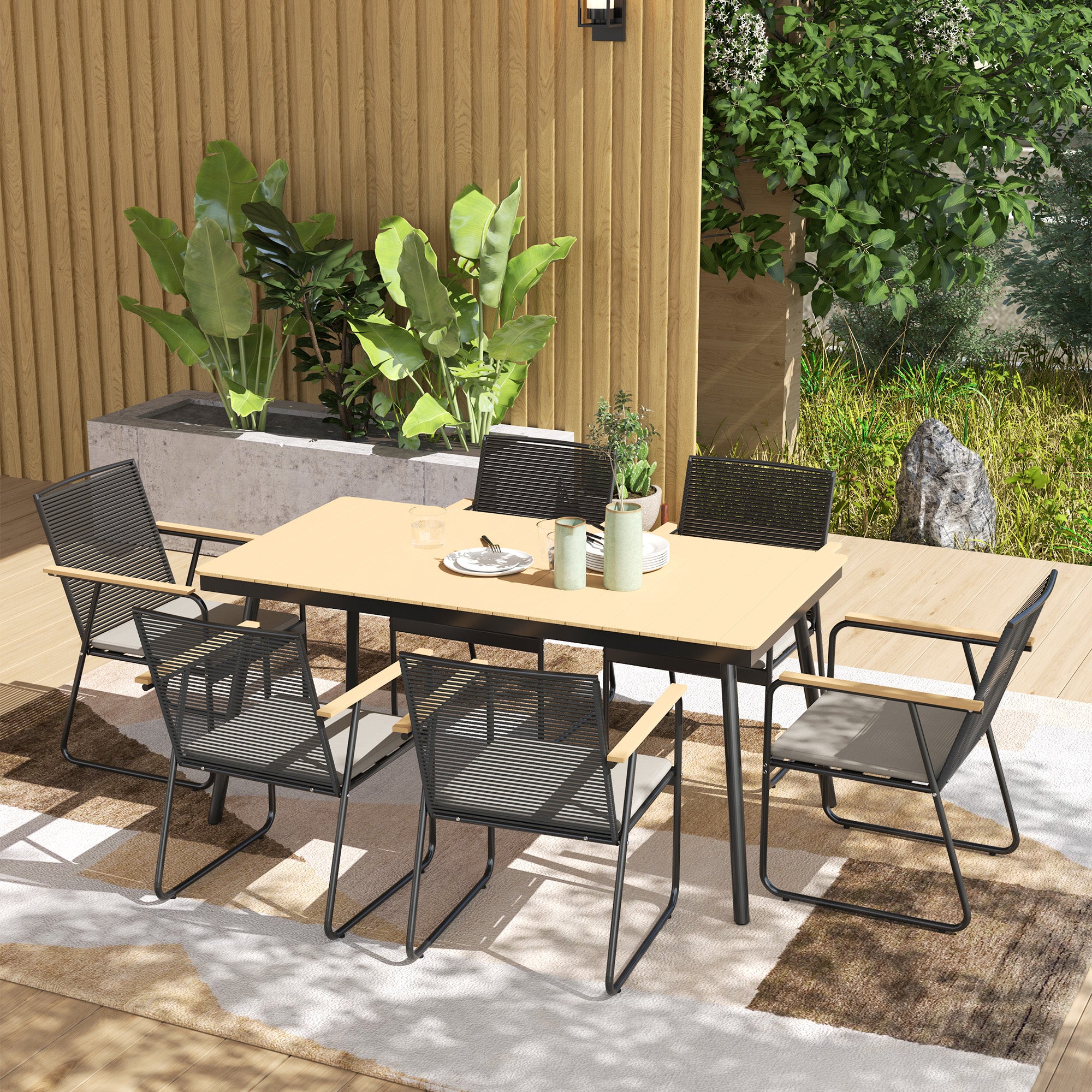 6 Seater Garden Dining Set with Cushions and Weatherproof Table - Nature Wood Finish