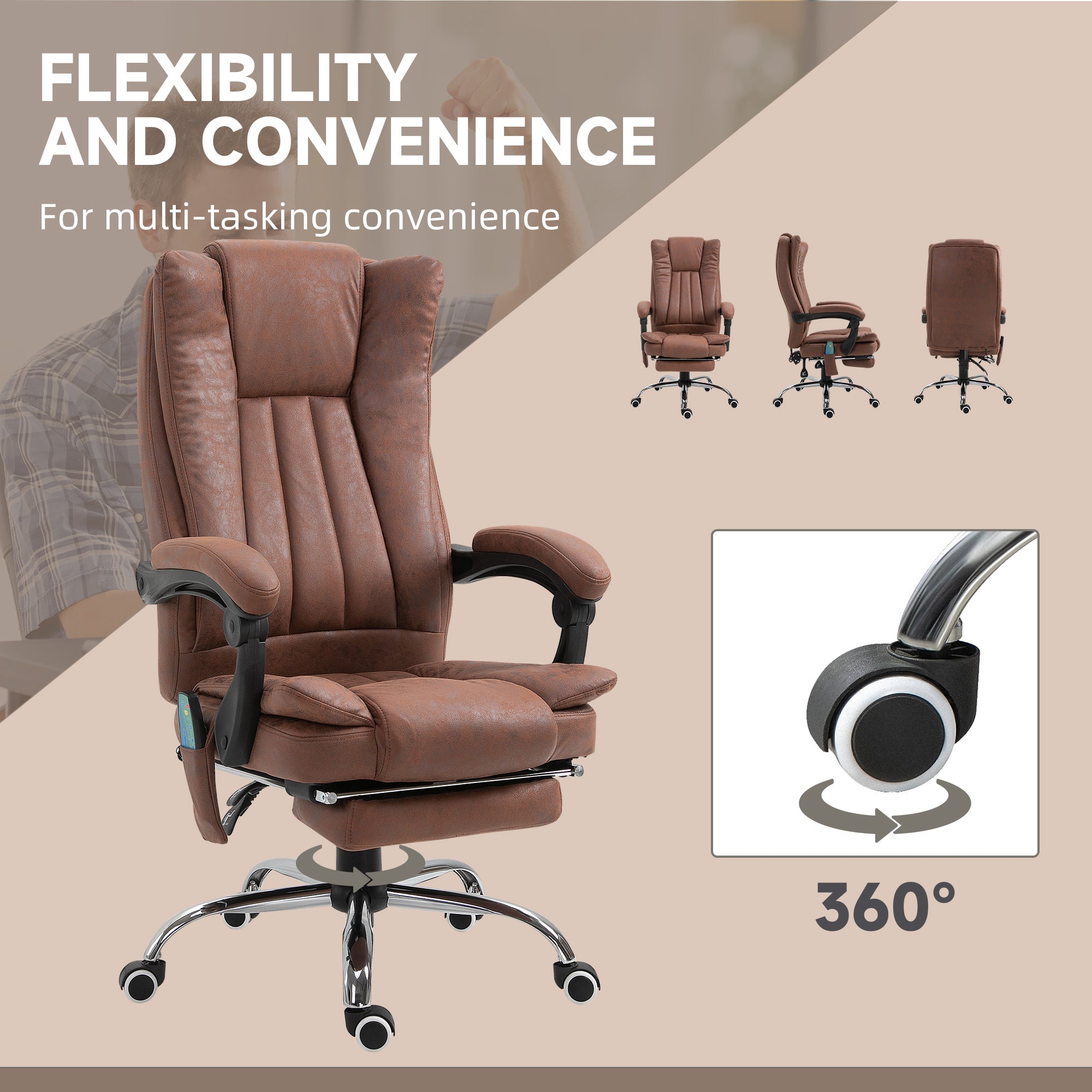 Office Chair with Massage and Heat, Microfibre Reclining Computer Desk Chair with Footrest and Adjustable Height, Swivel Wheels for Home Office, Brown