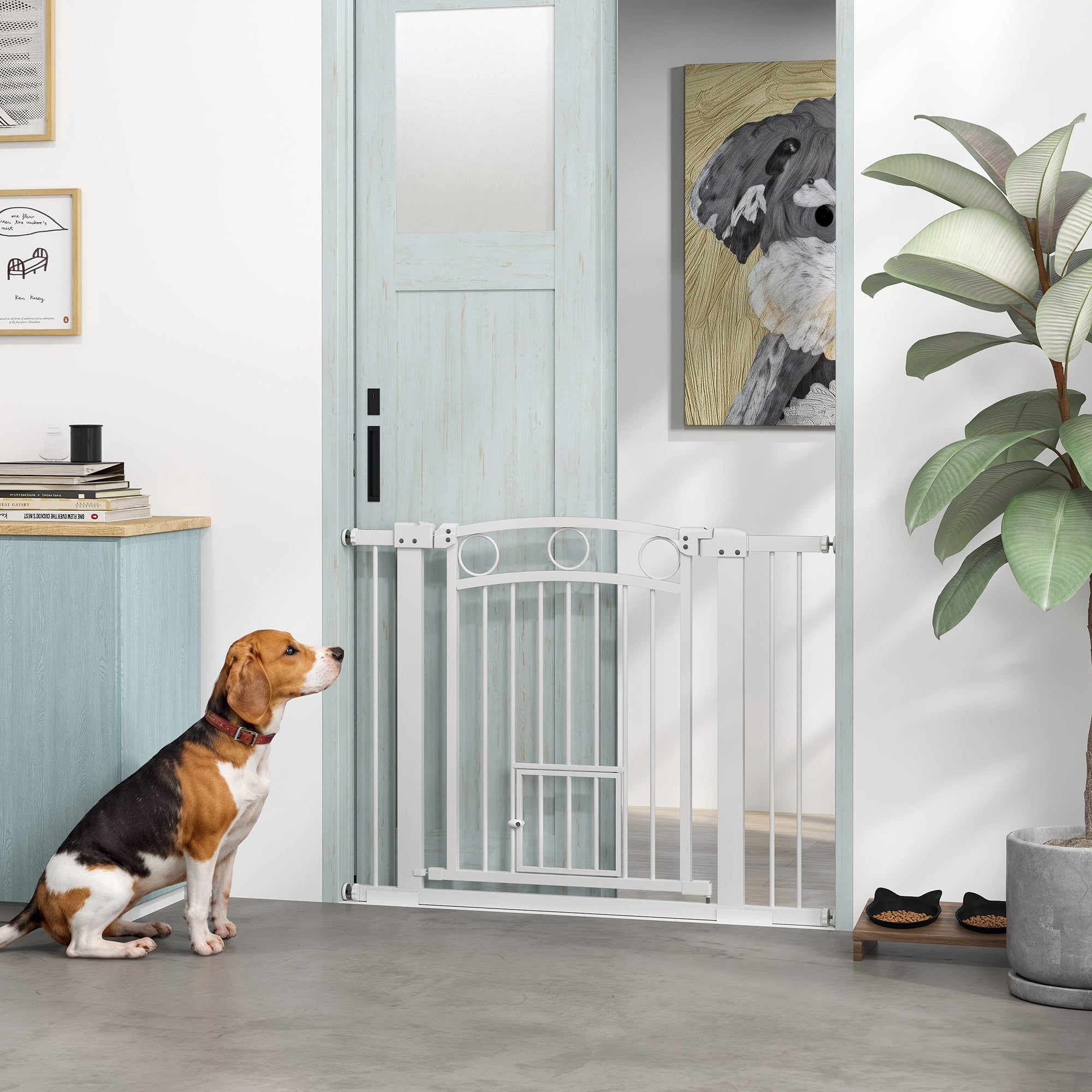 77cm Tall Dog Gate with Cat Door, 7cm and 14cm Extensions, for Stairs & Doorways, 76-104cm Width