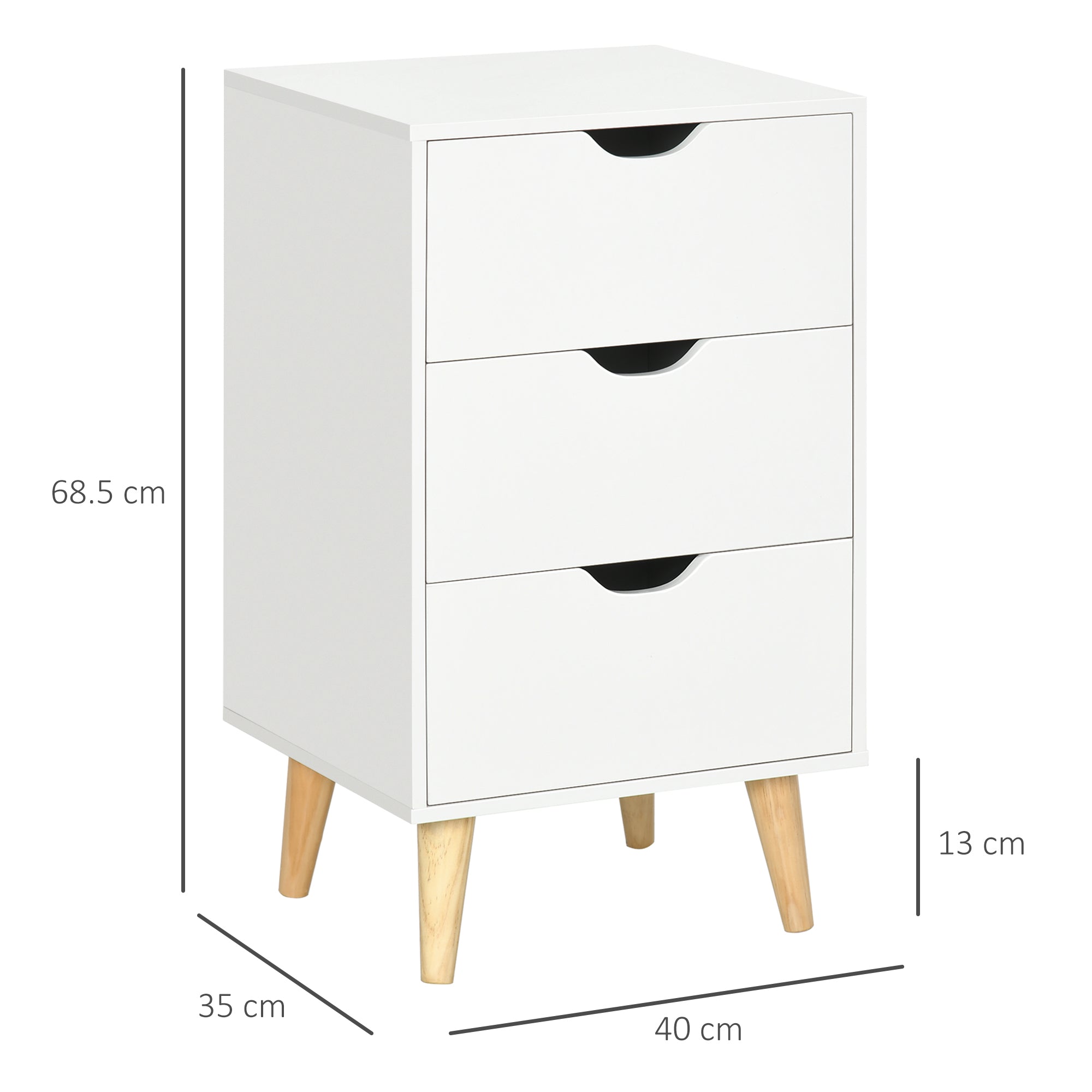 Set of 2 Bedside Tables, Modern Nightstand Side End Table with 3 Storage Drawers and Solid Pine Wood Legs for Bedroom Living Room Entryway, White