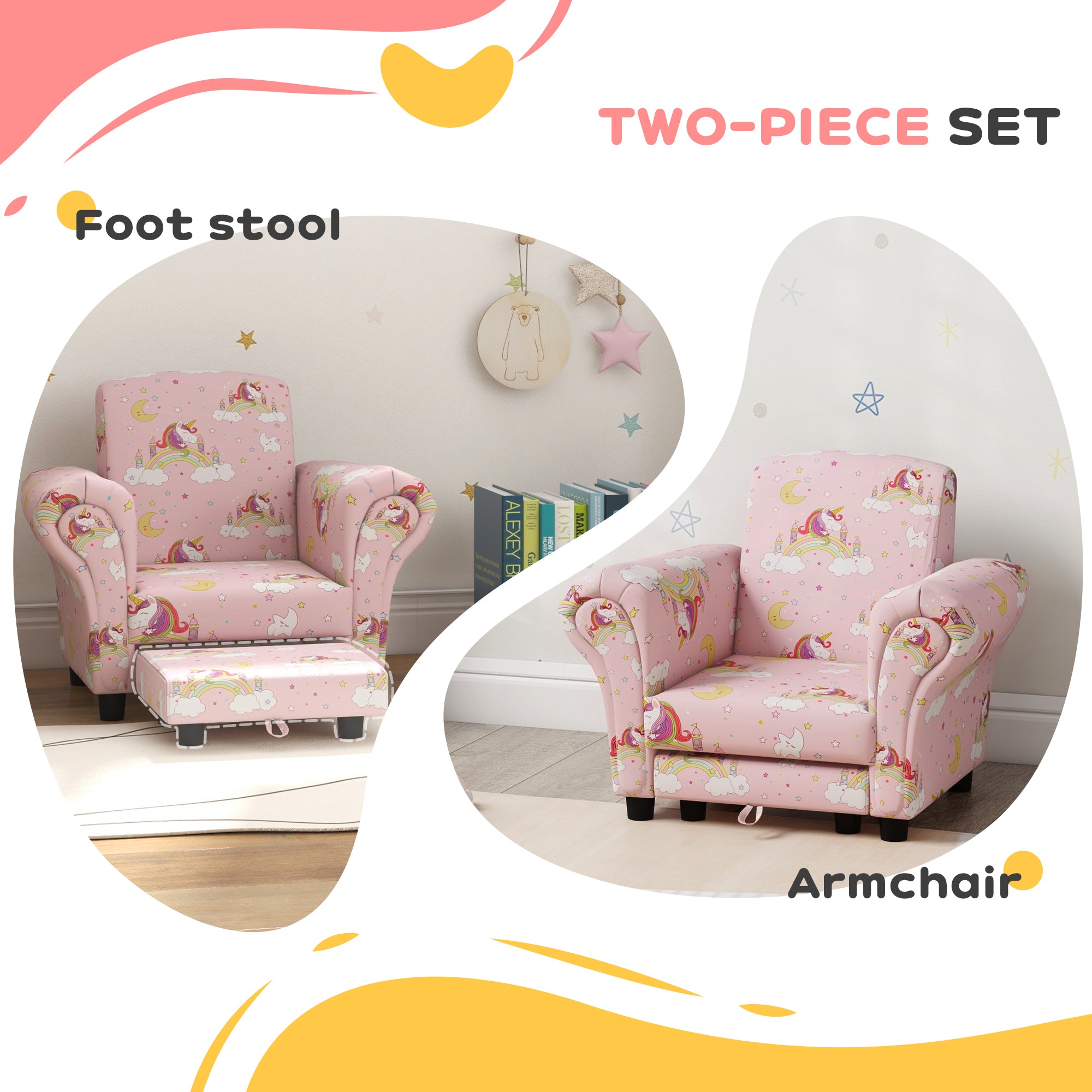 2 Piece Kids Sofa Set with Unicorn Design, Wooden Frame, for 1.5-3 Years Old, Pink