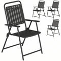 Folding Garden Chairs, Garden Dining Chairs with Plastic Slatted Seat Back, Armrests, Steel Frame, Set of 4, Black