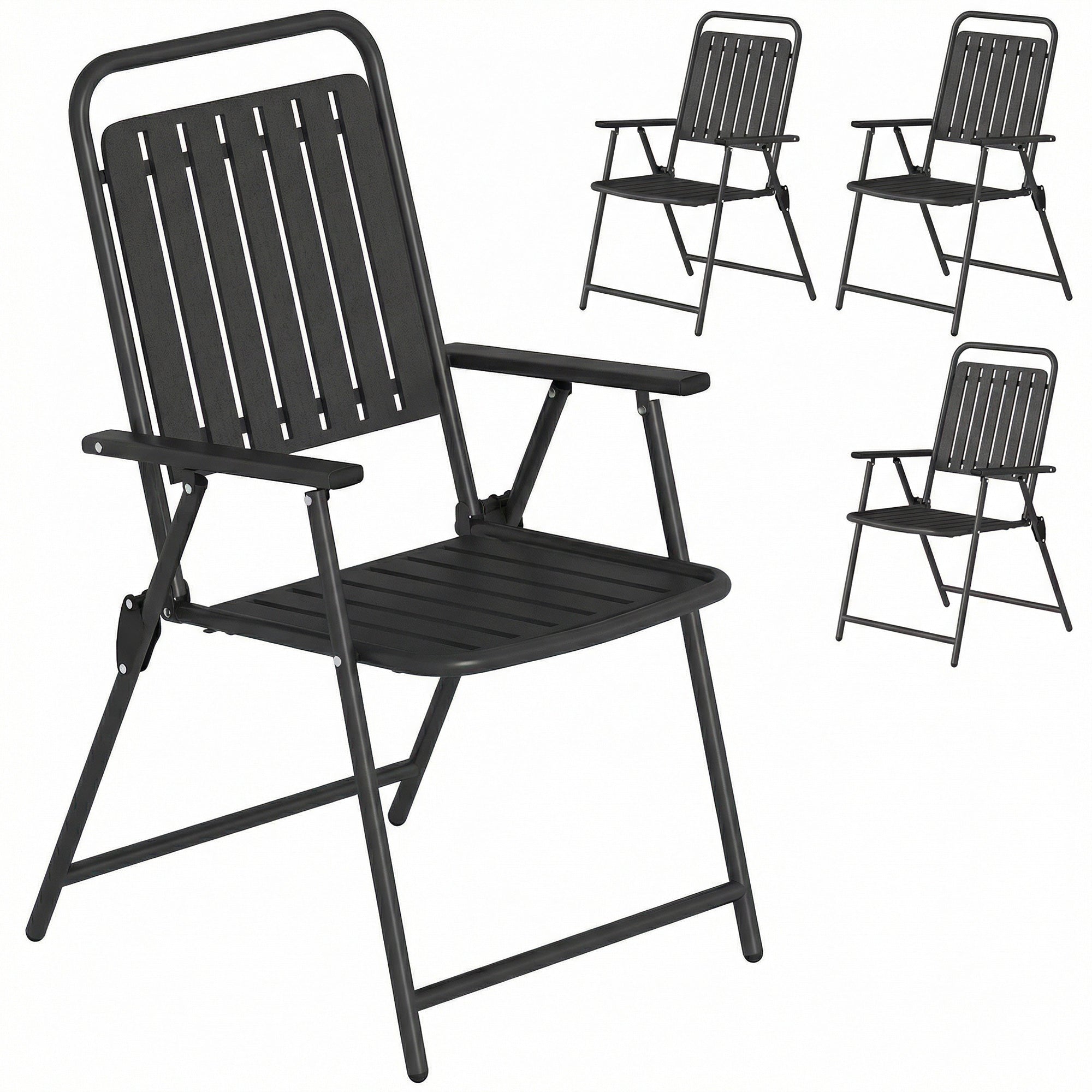 Folding Garden Chairs, Garden Dining Chairs with Plastic Slatted Seat Back, Armrests, Steel Frame, Set of 4, Black