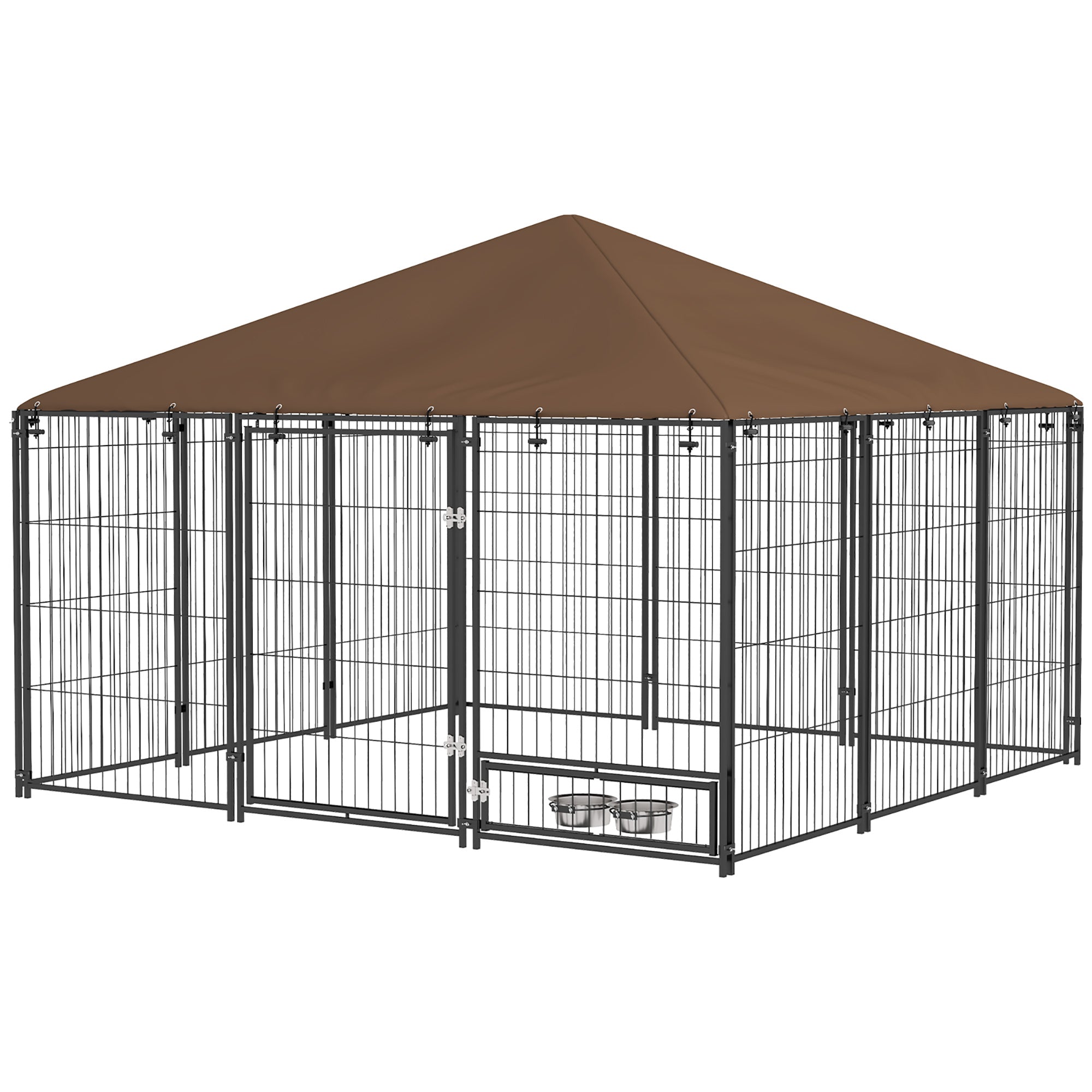 Outdoor Dog Kennel Puppy Play Pen with Canopy Garden Playpen Fence Crate Enclosure Cage Rotating Bowl 211 x 141 x 151 cm